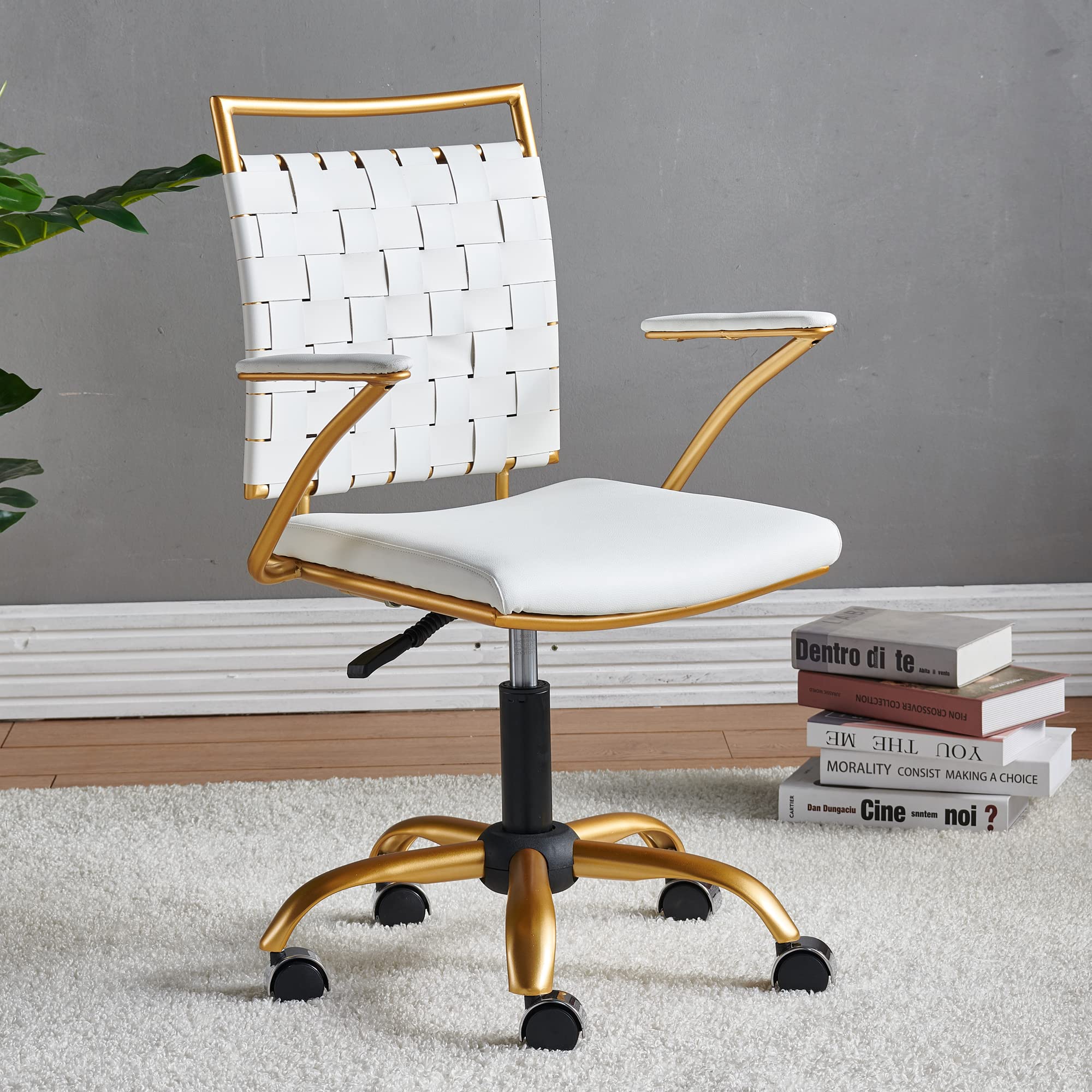 White Leather Mid Back Swivel Vanity Chair with Gold Base & Lumbar Support - Perfect for Makeup Desks, Home Offices & Dressing Rooms