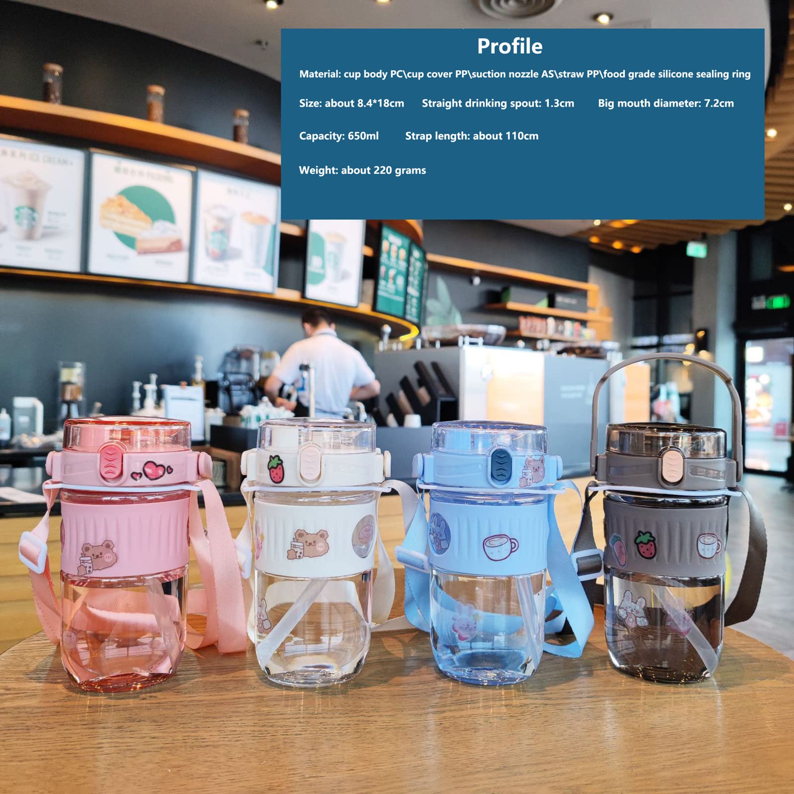 Kawaii Straw Water Bottle 605ML - Portable Large Capacity Plastic Cup with Cute Stickers for School & Gym (Pink)