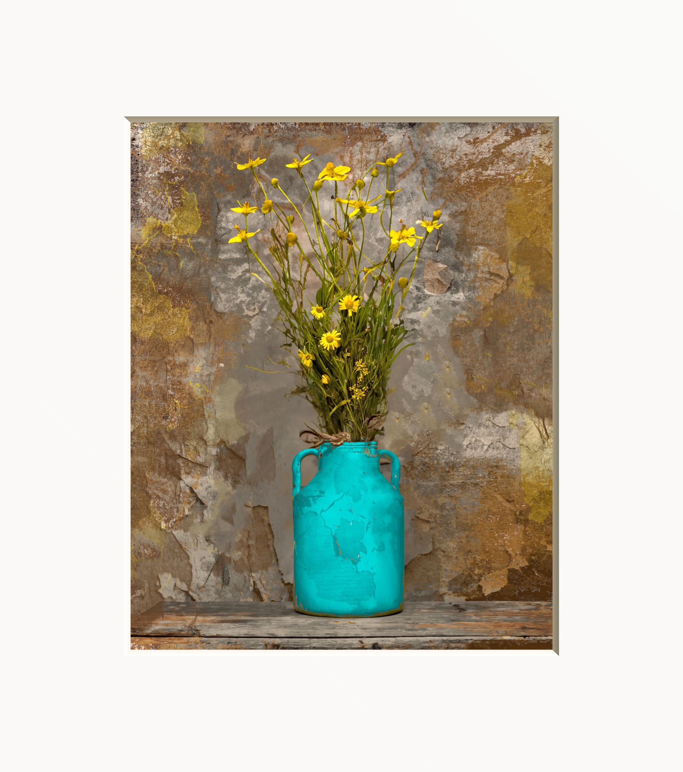 Handmade Teal Rustic Wildflowers Wall Art Print - 8x10 Picture with 11x14 Mat for Kitchen, Bathroom, Bedroom Decor | Farmhouse Home Decor | Perfect for Housewarming Gifts & Boho Interior Design