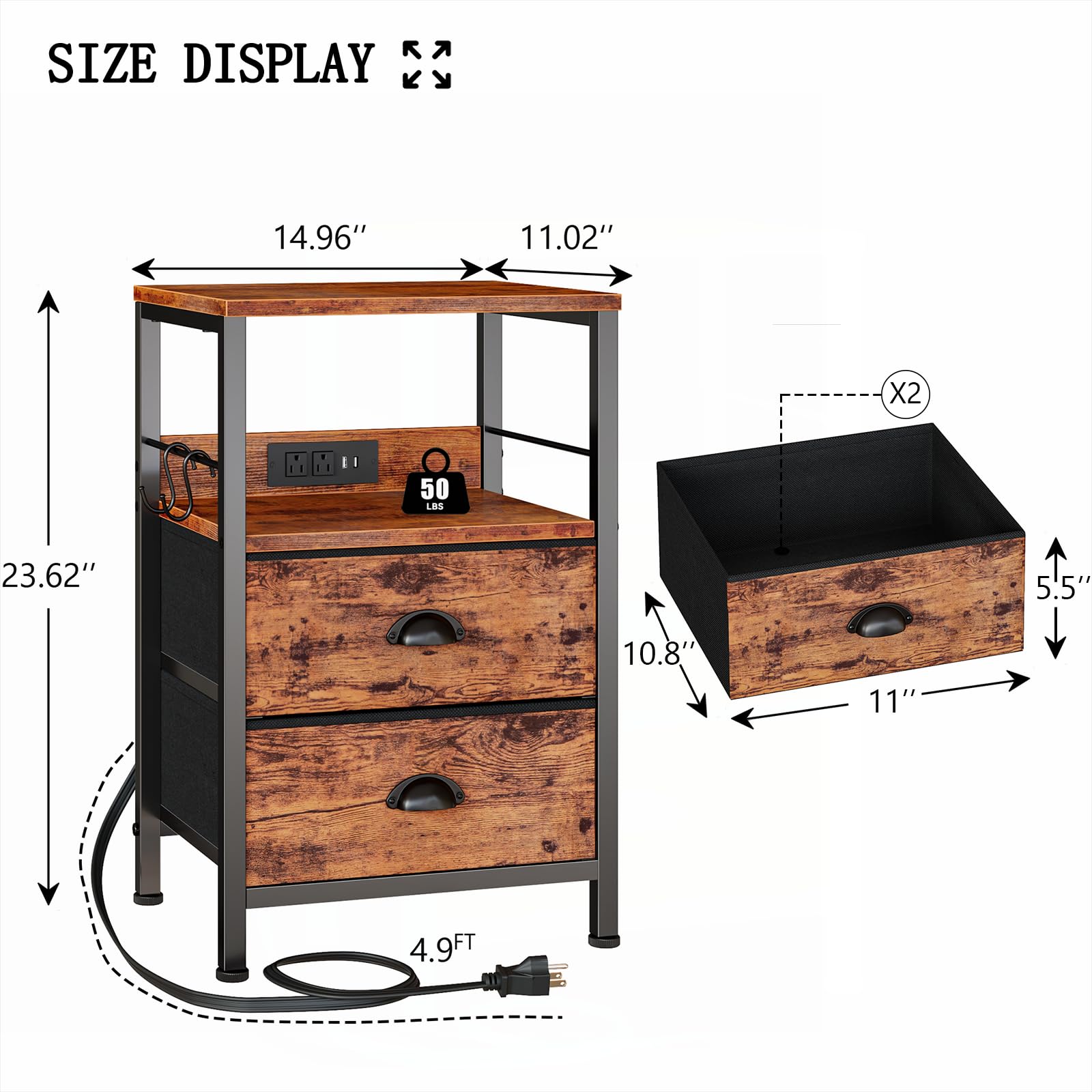 Furologee Nightstand Set of 2 - Rustic Brown Bedside Tables with Charging Station, USB Ports, 2 Fabric Drawers & Storage Shelf - Perfect for Bedroom, Living Room, or Guest Room - Ideal for Organizing Books, Lamps, and Charging Devices