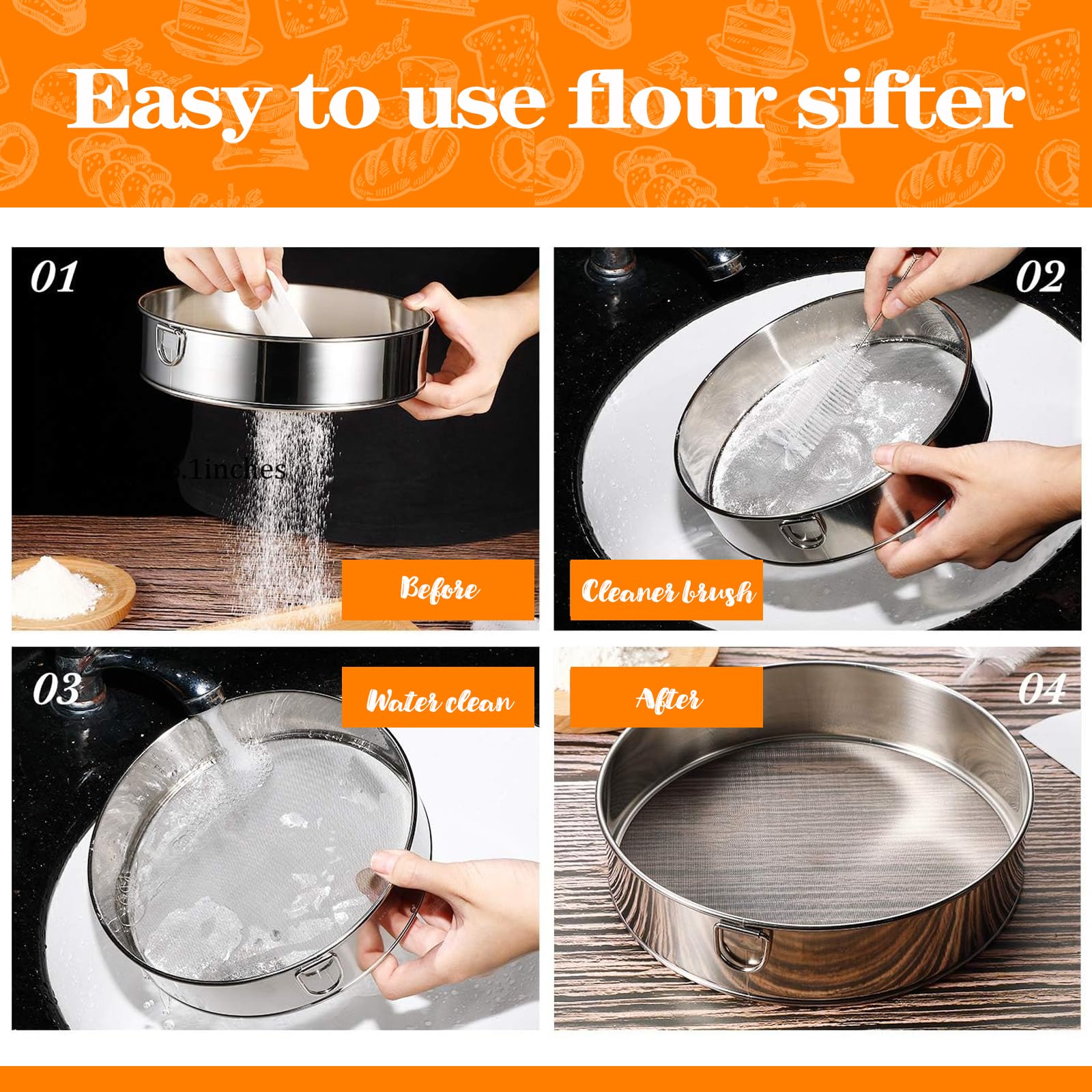 12 Inch Stainless Steel Flour Sifter Tamis - 60 Mesh Fine Sieve for Baking Cakes, Bread & Pastries with Dough Scraper - Perfect Baking Gift for Home Bakers & Cooking Enthusiasts - Ideal for Professional Kitchens & Home Baking