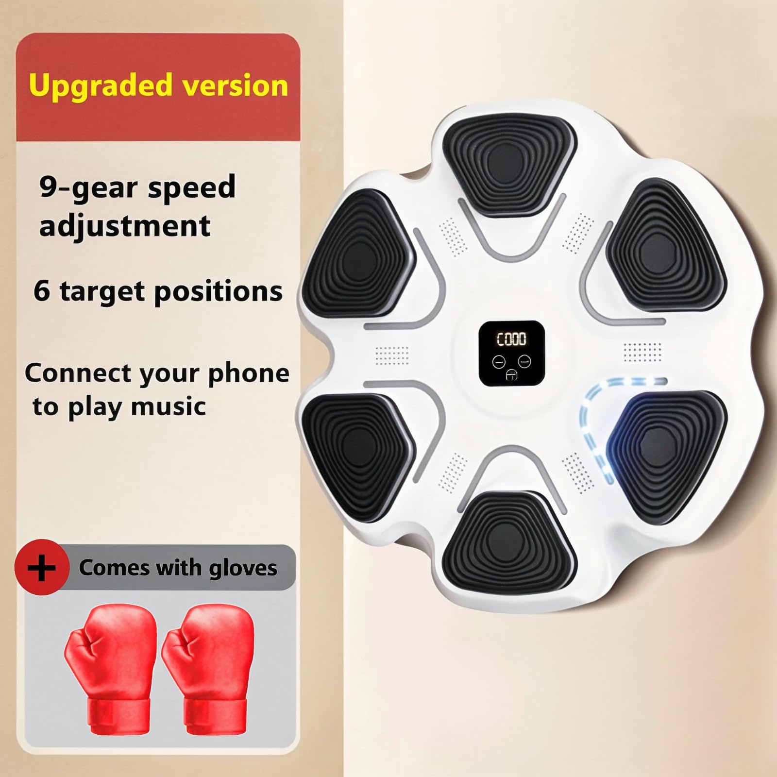 Music Boxing Training Pad with Boxing Gloves - USB Rechargeable Wireless Punching Bag with LED Lights & Sound Effects | Wall Mounted Home Gym Equipment for Cardio & Strength Training | Perfect for Home Workouts, Boxing Practice & Fitness Enthusiasts