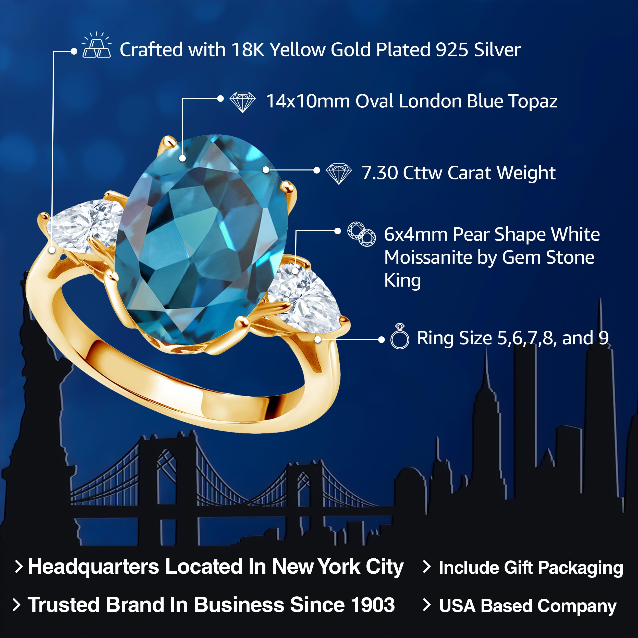 18K Yellow Gold Plated Silver 3-Stone Ring with Oval London Blue Topaz & Moissanite (7.30 Cttw) - Elegant Jewelry for Weddings, Anniversaries & Special Occasions | Gem Stone King