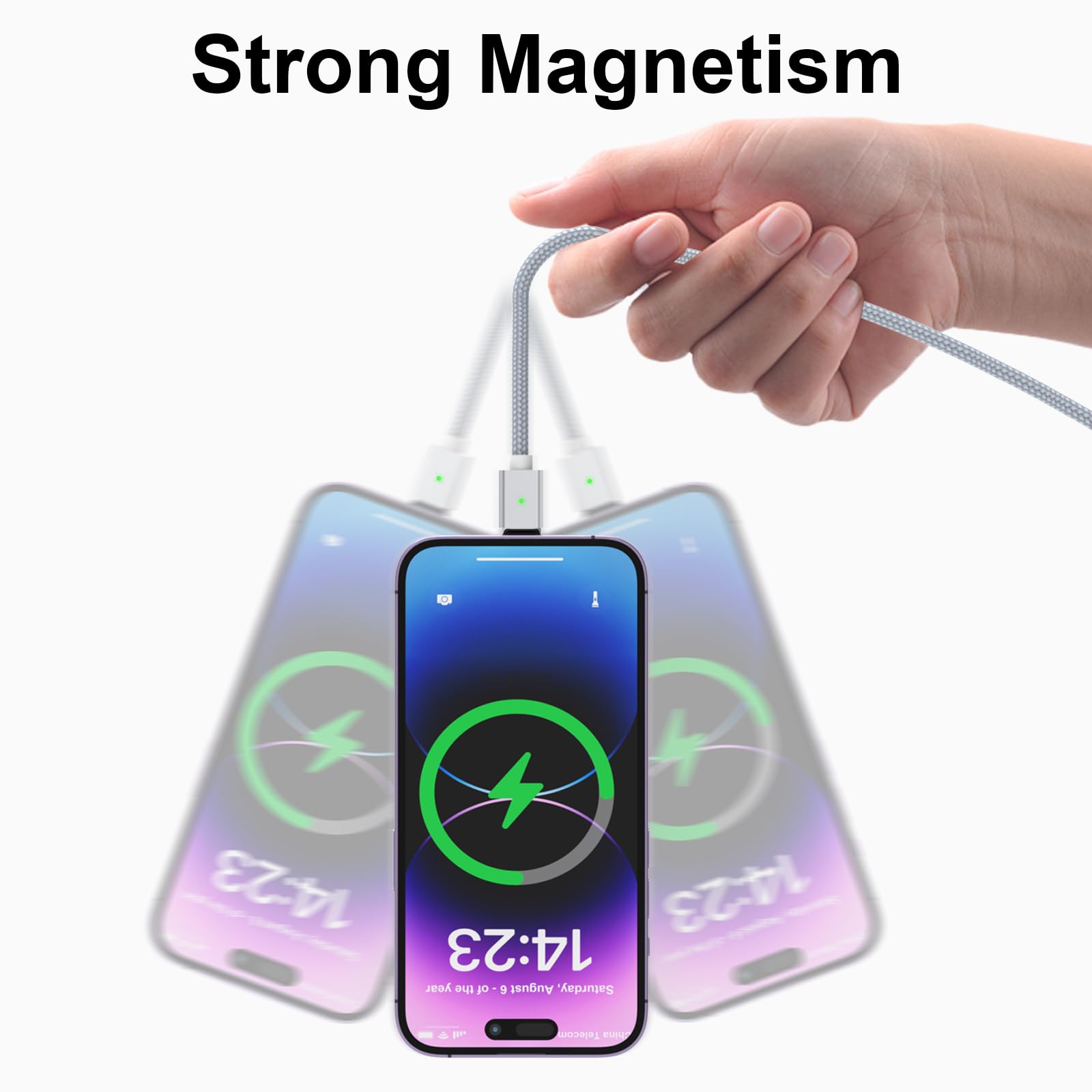 3-Pack Magnetic Charging Cable - 3A Fast Charging (6.6ft Each) - Nylon Braided 3-in-1 Phone Charger with LED Light for iPhone/Android - Compatible with Lightning/USB-C/Micro-USB - Perfect for Home, Office & Travel Charging Needs