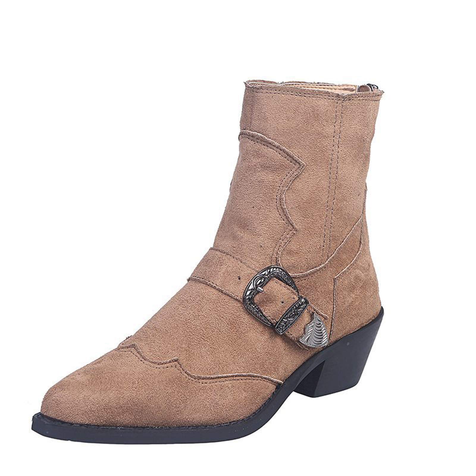 Kinrui Women's Mid-Calf Flocked Boots with Zipper - Flat Low Heel Casual Fashion Boots for Everyday Wear, Office & Outings