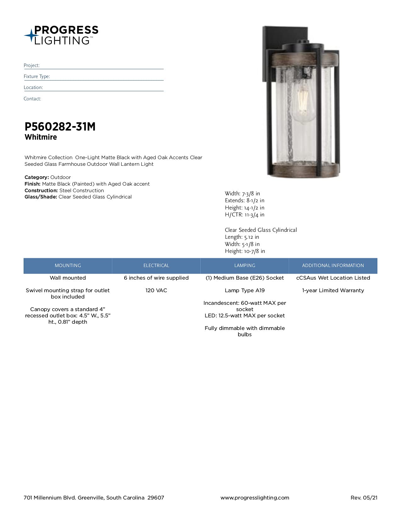 Whitmire Collection 1-Light Clear Seeded Glass Farmhouse Outdoor Wall Lantern with Aged Oak Accents in Matte Black - Perfect for Porch, Patio, Garden, and Entryway Lighting
