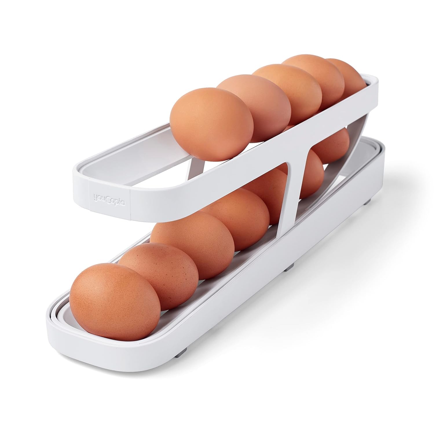 BADHI ENTERPRISE 2-Tier Rolling Egg Dispenser Holds 12-14 Eggs – Space Saving Gravity Fed Egg Tray Organizer for Refrigerator & Pantry Storage – Durable White Kitchen Organizer (Pack of 1) – Perfect for Fresh Egg Storage & Easy Access in Home Kitchen