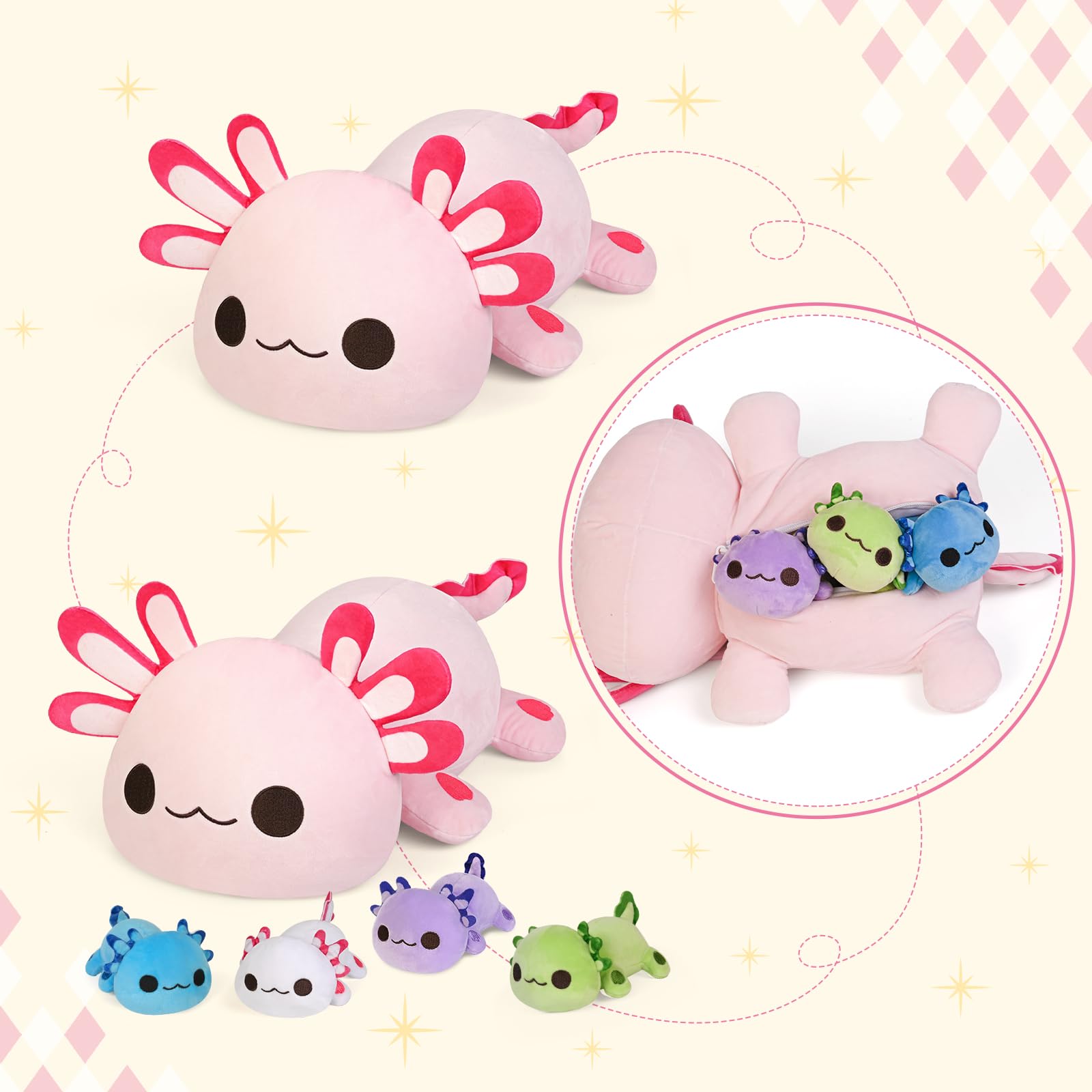 Adorable KMUYSL Axolotl Plush Toy Set with Mommy & 4 Baby Stuffed Animals - Soft Cuddly Educational Toy for Kids Ages 3-8 - Perfect Christmas Birthday Gift for Toddlers & Children | Great for Playtime, Nursery Decor & Sensory Development
