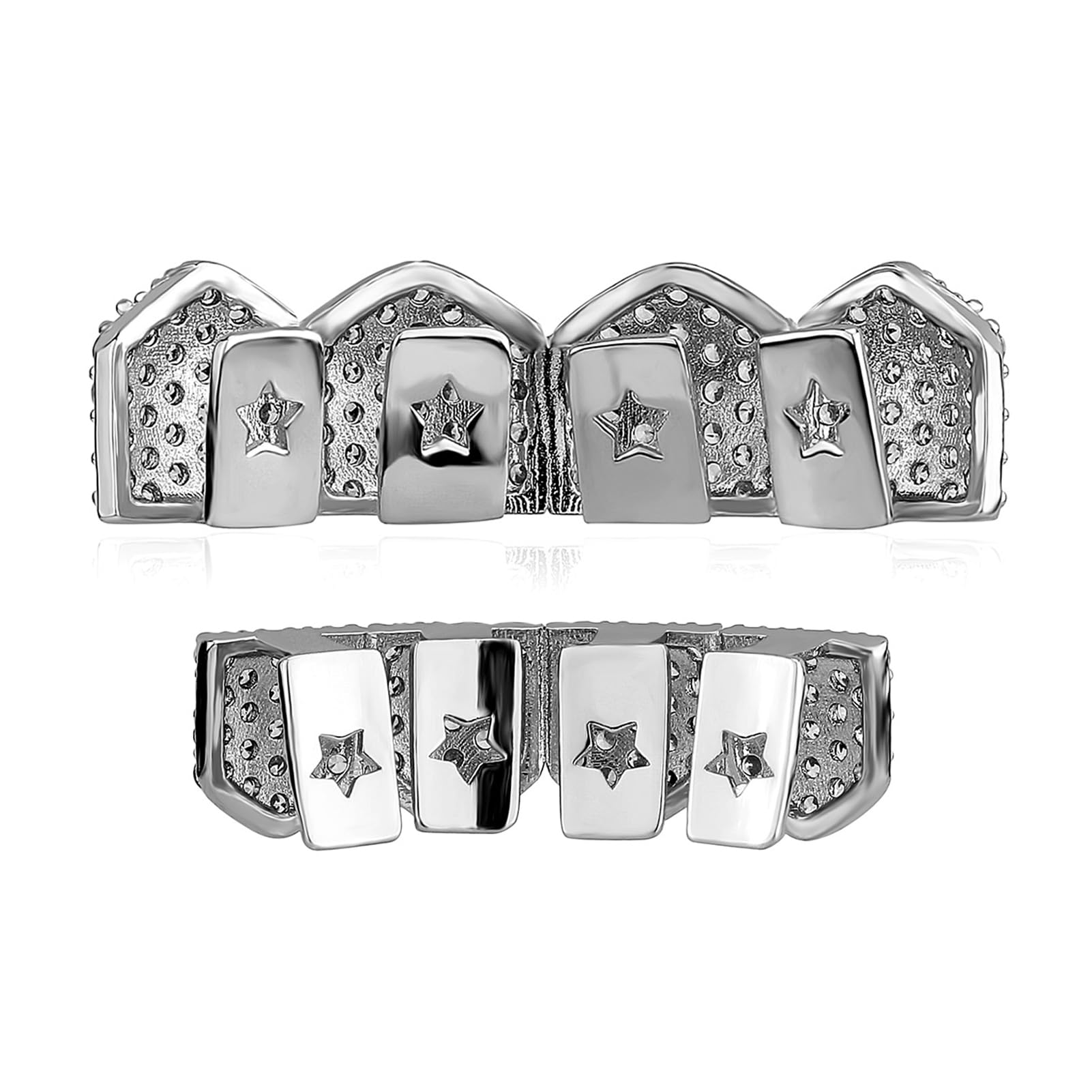 JINAO 4 Teeth Grillz - 14K Gold Plated Silver Hip Hop Grillz for Men & Women | Top & Bottom Tooth Jewelry | Perfect for Parties, Concerts & Rap Performances