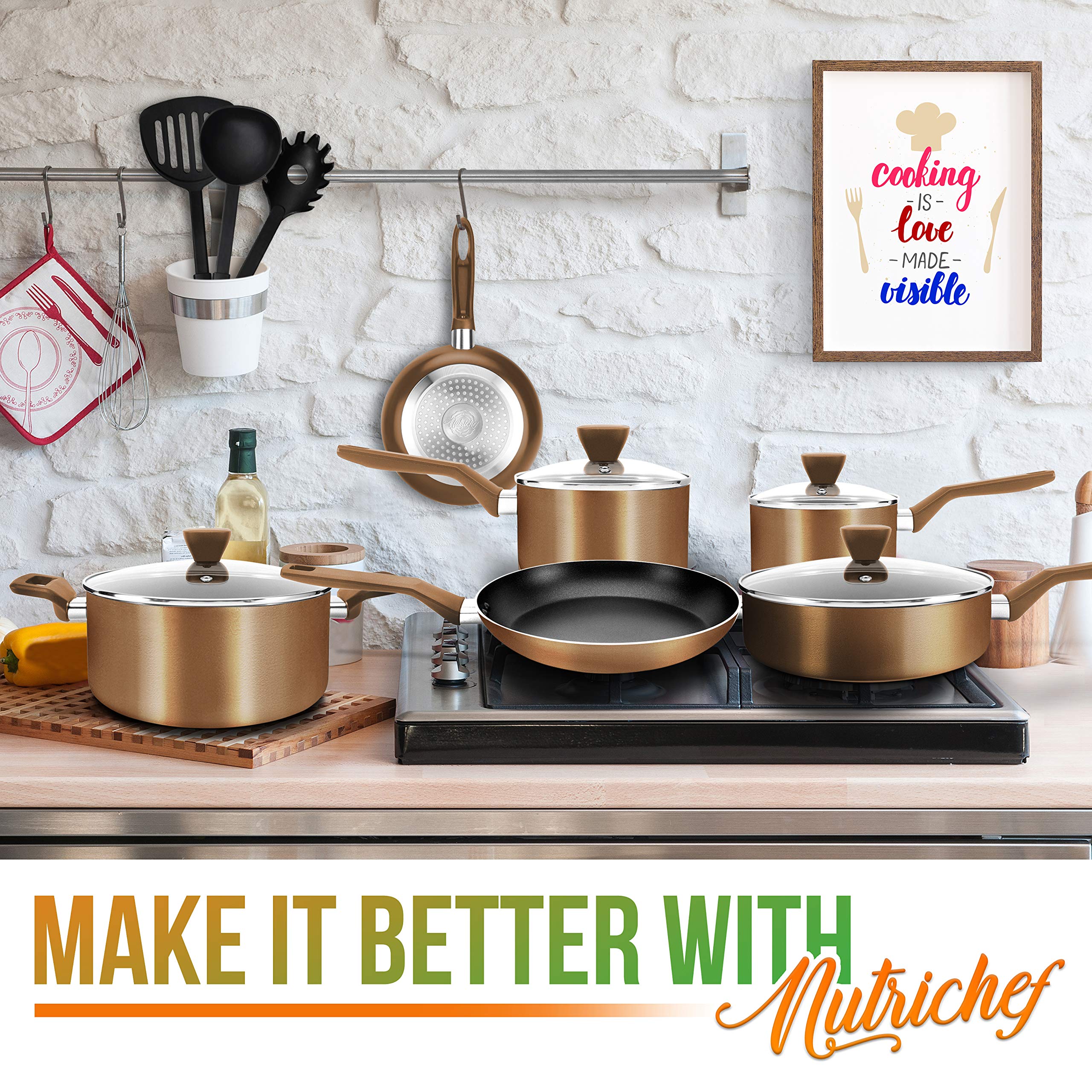 NutriChef 13-Piece Non-Stick Kitchen Cookware Set - Brown Pots & Pans for Cooking, Frying & Baking | Durable Stainless Steel Handles | Dishwasher Safe | Perfect for Home Chefs & Professional Kitchens