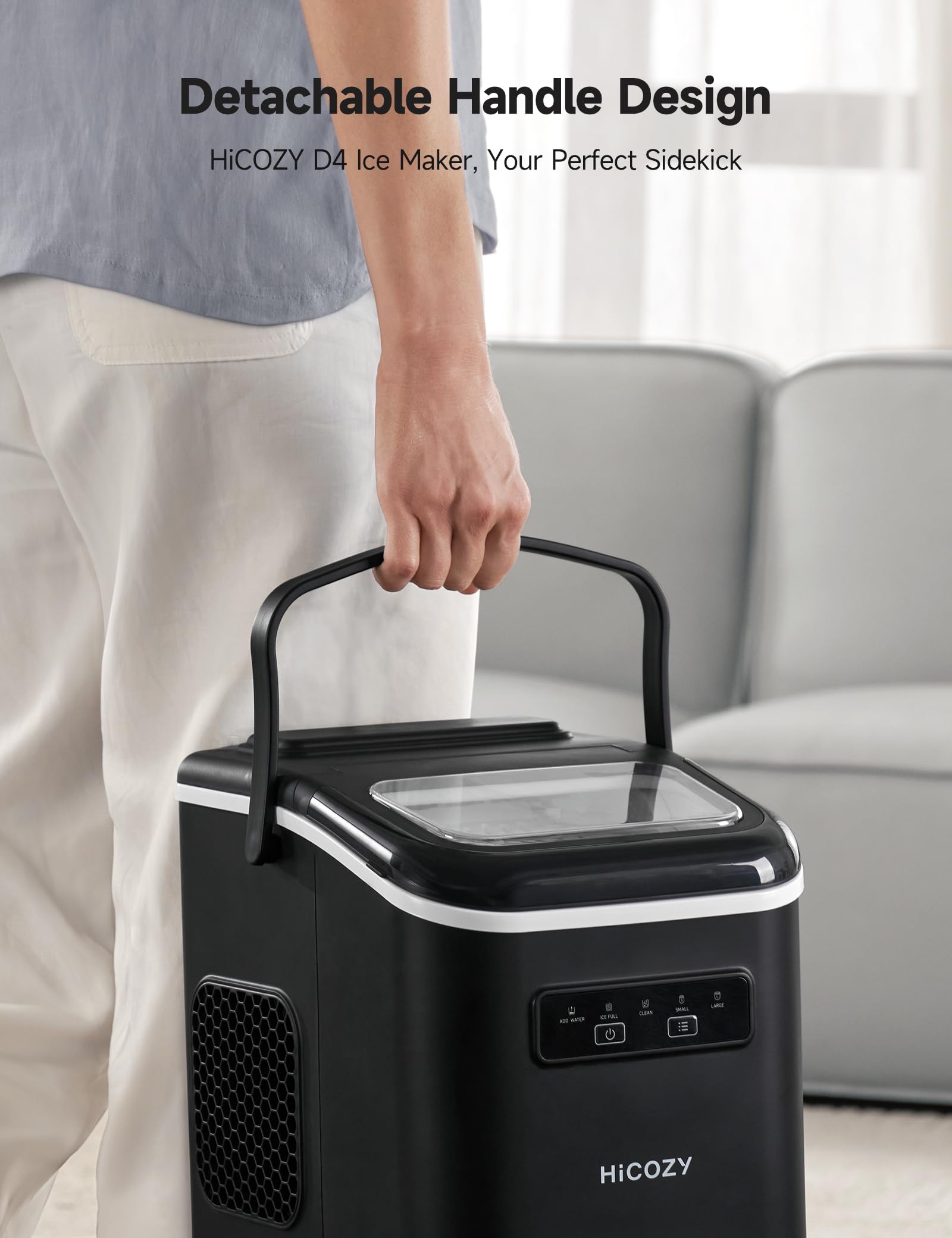 HiCOZY Portable Countertop Ice Maker Machine - Fast 6-Min Ice, 26 lbs/Day, Self-Cleaning, Compact with Handle for Kitchen, Office, RV, Camping & Home Bar - Perfect for Parties, Drinks & Small Spaces (Black)