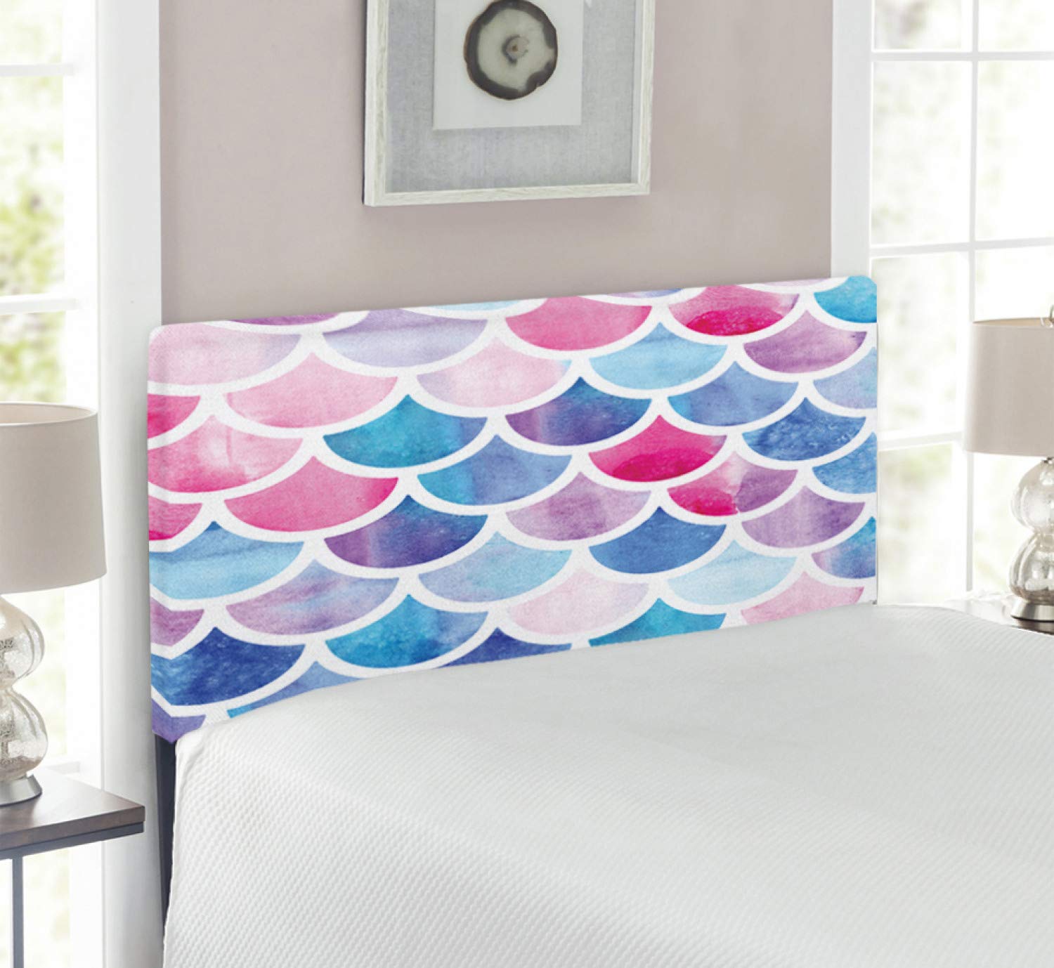 Ambesonne Twin Size Upholstered Metal Headboard with Memory Foam - Fish Scale Mermaid Design in Pastel Watercolor Circles, Tropical Decorative Bed Headboard for Girls' Room, Teen Bedroom or Coastal Themed Bedroom Decor