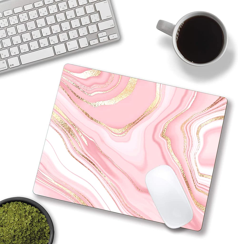 Stylish Pink Gold Marble Mouse Pad - Non-Slip Rubber Base Square Mouse Mat for Office, Laptop & Desk - Personalized Computer Accessory for Work & Gaming