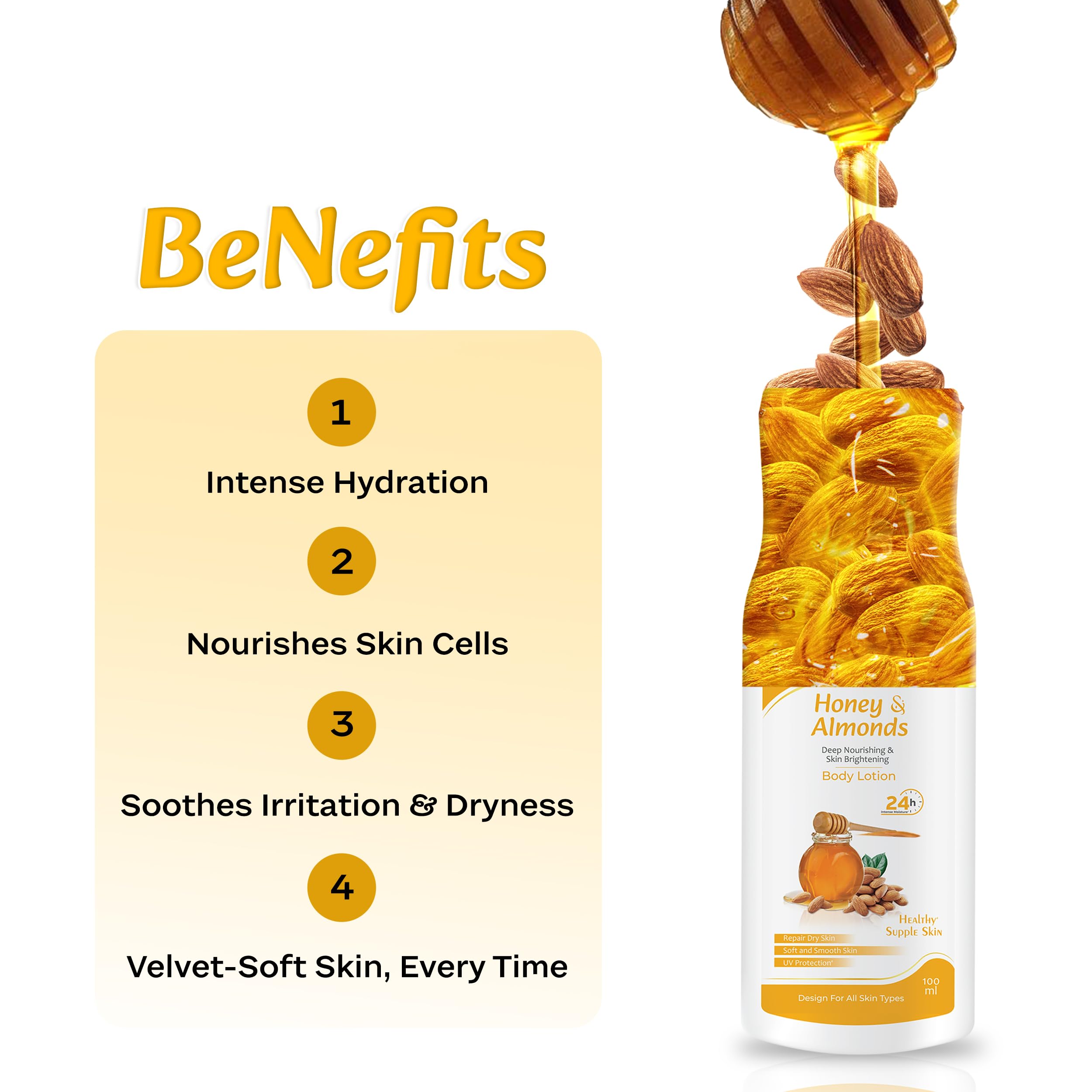 Kisra Honey & Almonds Deep Nourishing Body Lotion for Dry Skin - Skin Brightening Moisturizer for Women & Men - Repairs Skin Barrier with Almond Oil & Honey - 100ml x 3 Pack - Perfect for Daily Hydration & Nighttime Skincare Routine