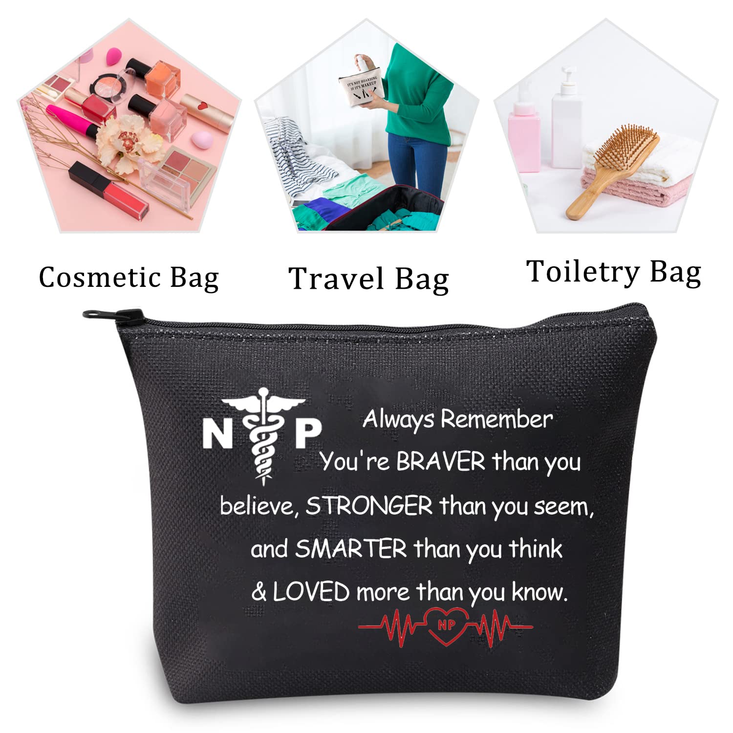 Premium Nurse Practitioner Makeup Bag - NP Gifts for Nurses, Cosmetic Travel Organizer with Zipper Pouch (Black) - Perfect for Clinical Shifts, Medical Conferences & Daily Essentials