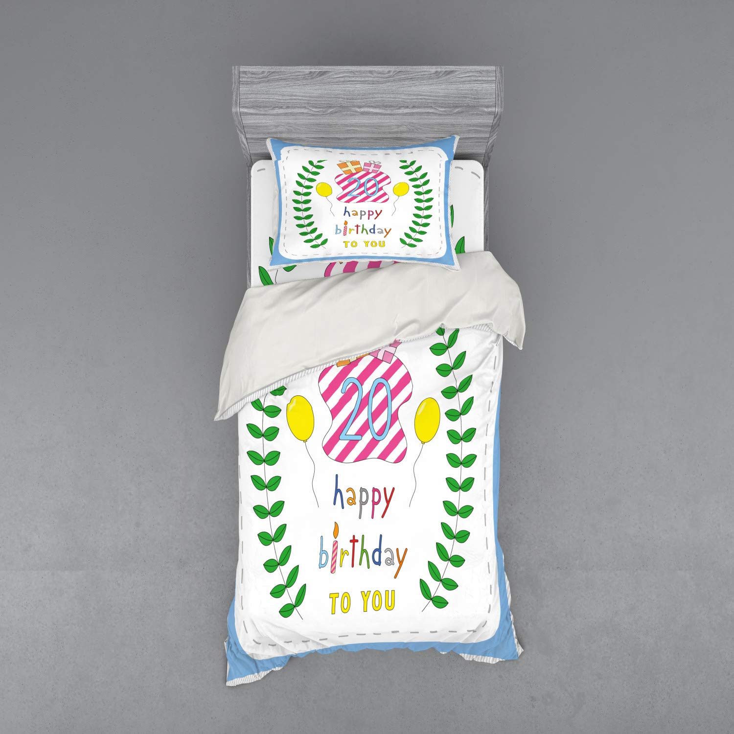 Ambesonne 20th Birthday Duvet Cover Set - 3 Piece Twin Size Bedding with Sham & Fitted Sheet - Surprise Party Theme Balloons Branches Boxes in Green Blue Pink - Perfect for Teen Bedroom Decor & Birthday Gift
