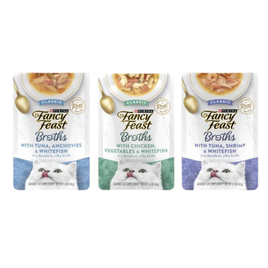 Fancy Feast Classic Broth Cat Food - 40g Pouch with Chicken, Vegetable, Tuna, Shrimp & White Fish - High Protein Wet Cat Food for Adult & Senior Cats - Perfect for Picky Eaters & Hydration Boost