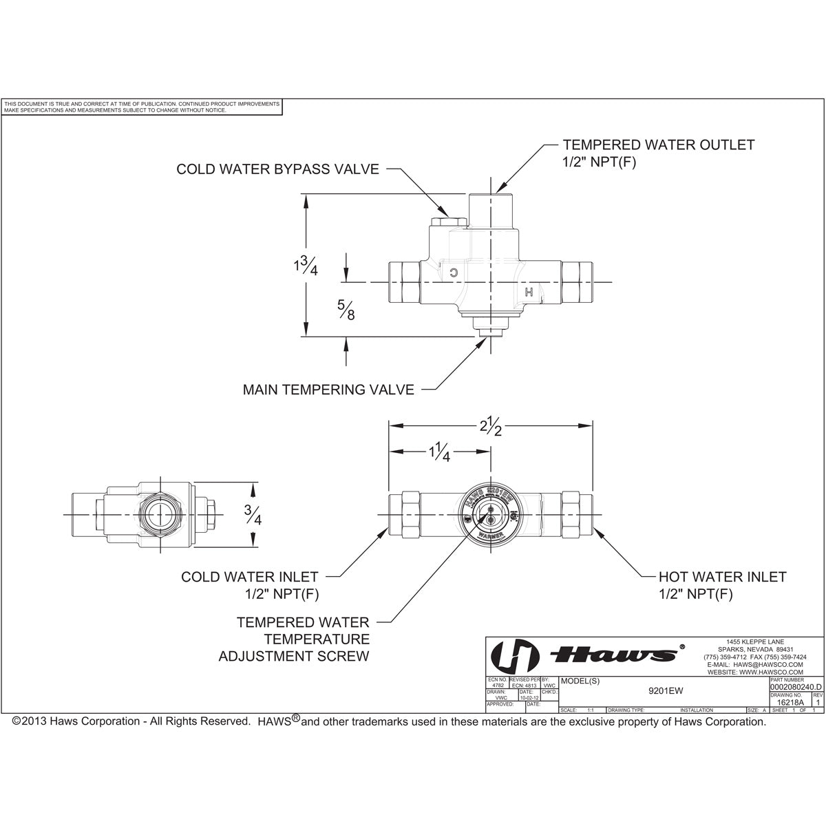 Haws 9201EW Thermostatic Mixing Valve for Shower & Bath - High Precision Temperature Control for Home & Commercial Use