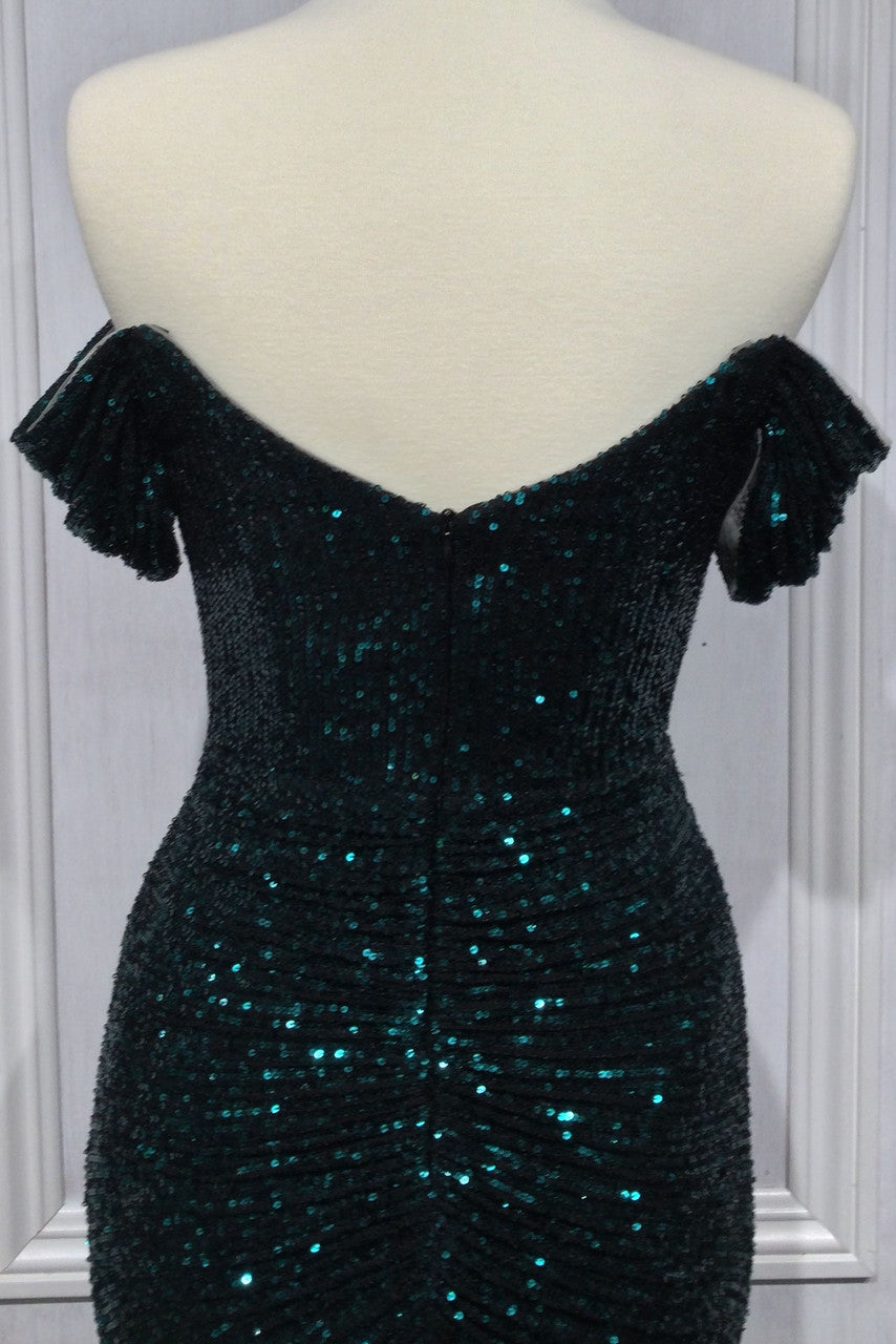 Fallon Gown Lapis Blue Off The Shoulder Ruched Sequin Evening Dress - Perfect for Prom, Gala & Formal Events