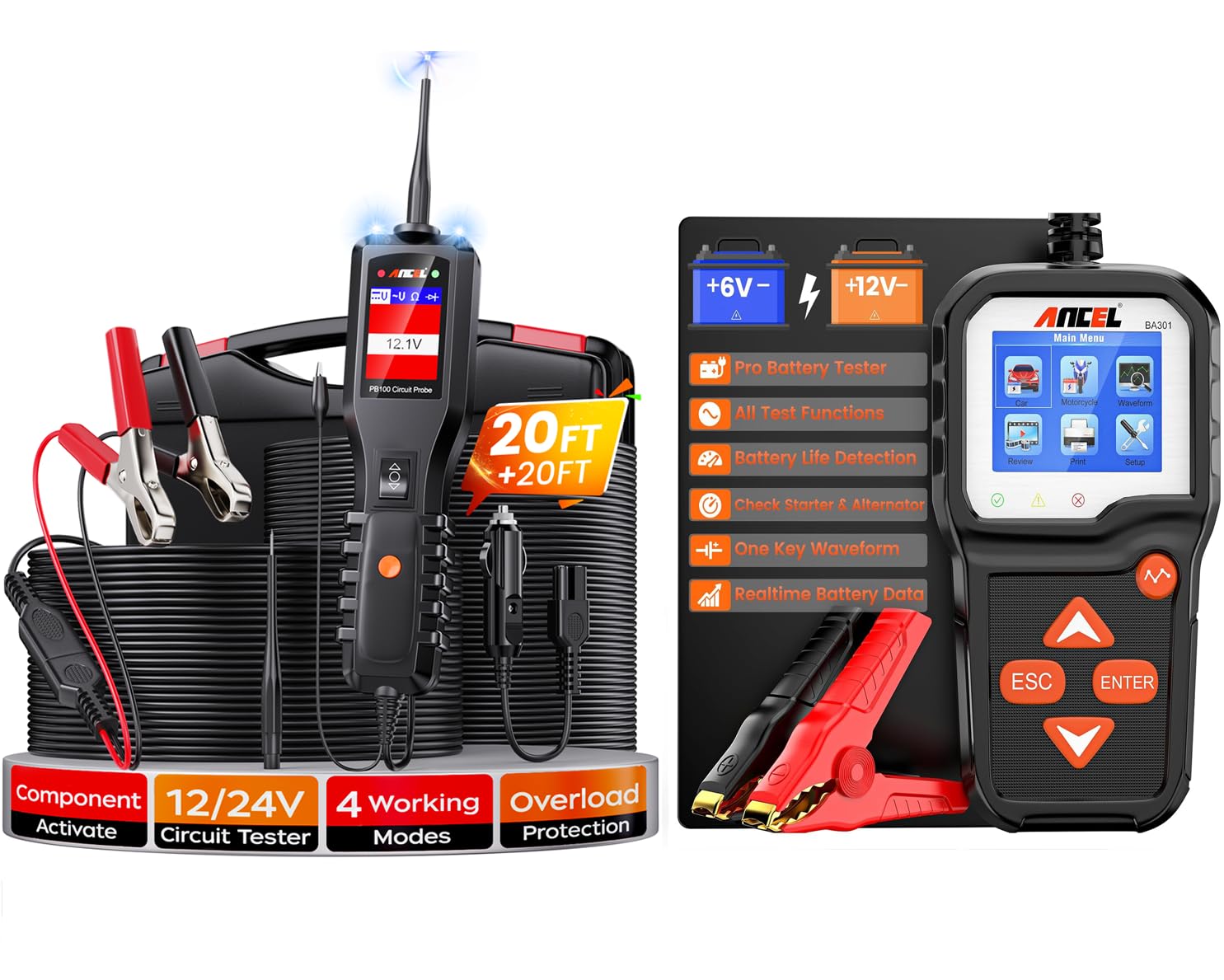 ANCEL BA301 6V 12V Car Battery Tester with PB100 Automotive Circuit Probe - 12-24V Short/Open Finder, AC/DC Diode Relay Tester, Digital Multimeter for Continuity Test - Perfect for Auto Repair, DIY Mechanics & Electrical Diagnostics