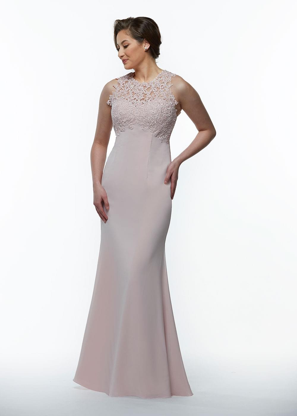 Elegant 80105 Fit and Flare Stretch Chiffon Bridesmaid Dress with Illusion Lace Neckline - Perfect for Weddings, Formal Events & Special Occasions