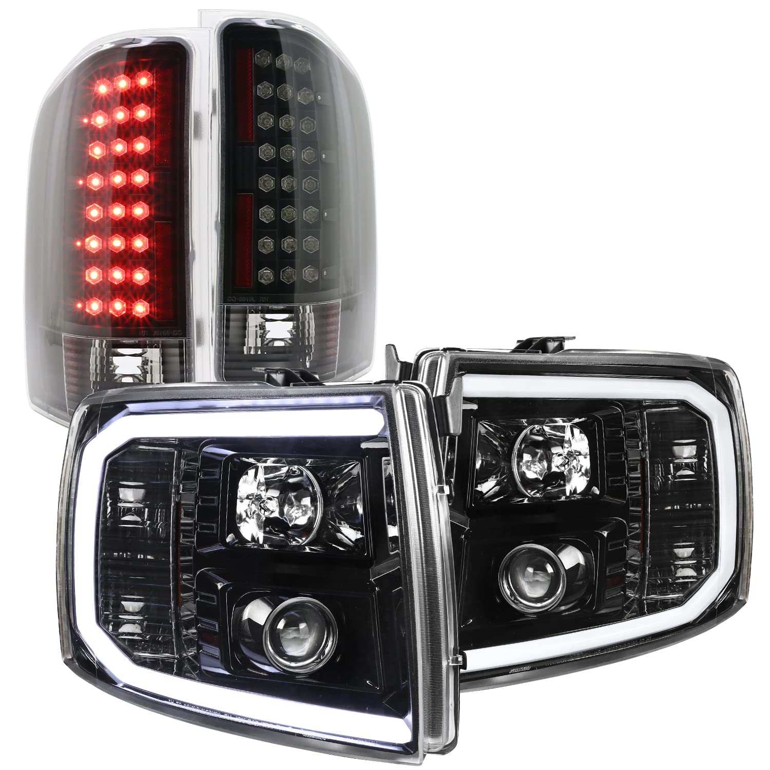 Spec-D Tuning LED Light Bar - Jet Black Housing with Clear Lens Projector Headlights & Black LED Tail Lights - Compatible with Chevrolet Silverado (Left + Right Pair) - Upgrade Your Truck Lighting for Night Driving & Off-Road Adventures
