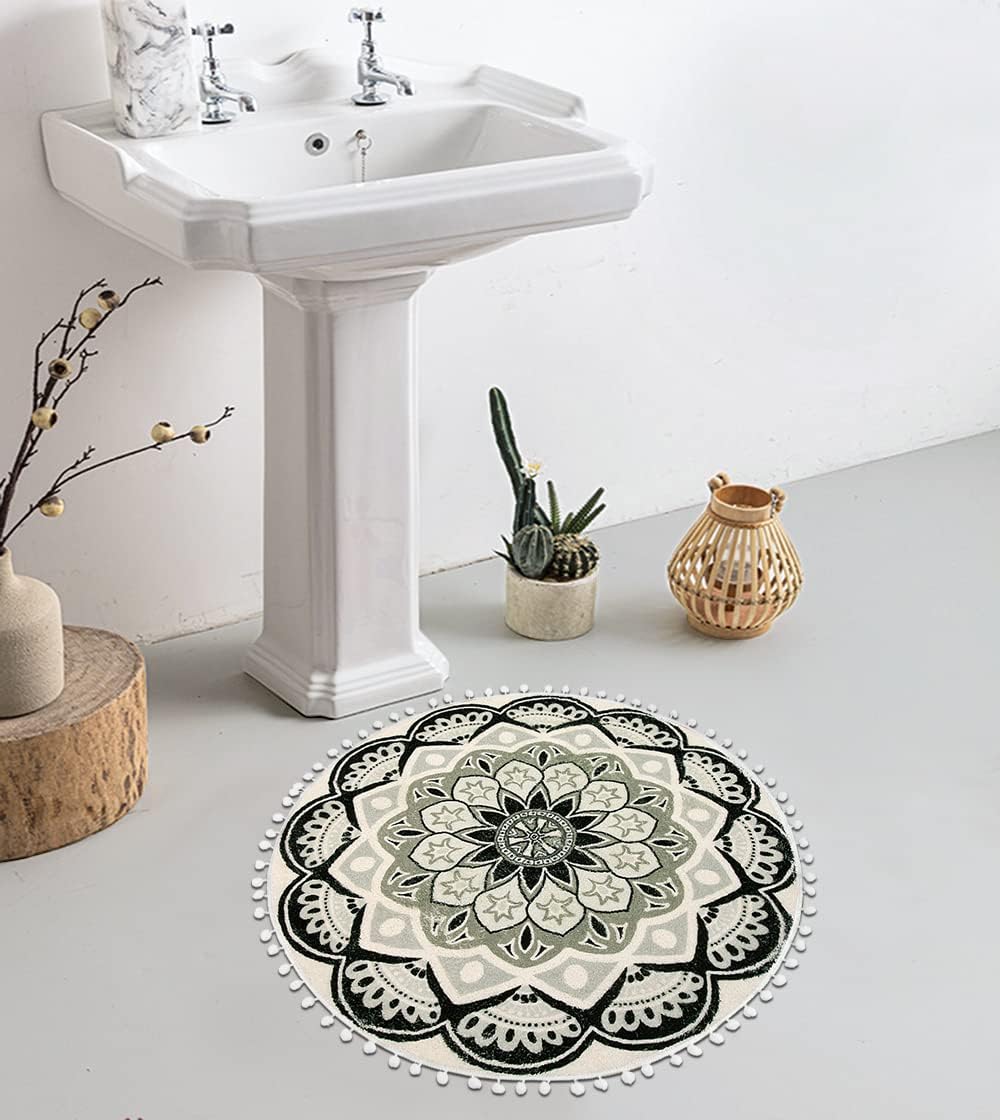 Uphome 2.3ft Small Round Boho Bathroom Rug - Non-Slip Washable Black Pom Pom Fringe Mandala Circle Bath Mat, Soft Bohemian Throw Rug for Bedroom, Sink, Dorm & Powder Room | Perfect for Bathroom Decor, Vanity Area & Cozy Home Accents