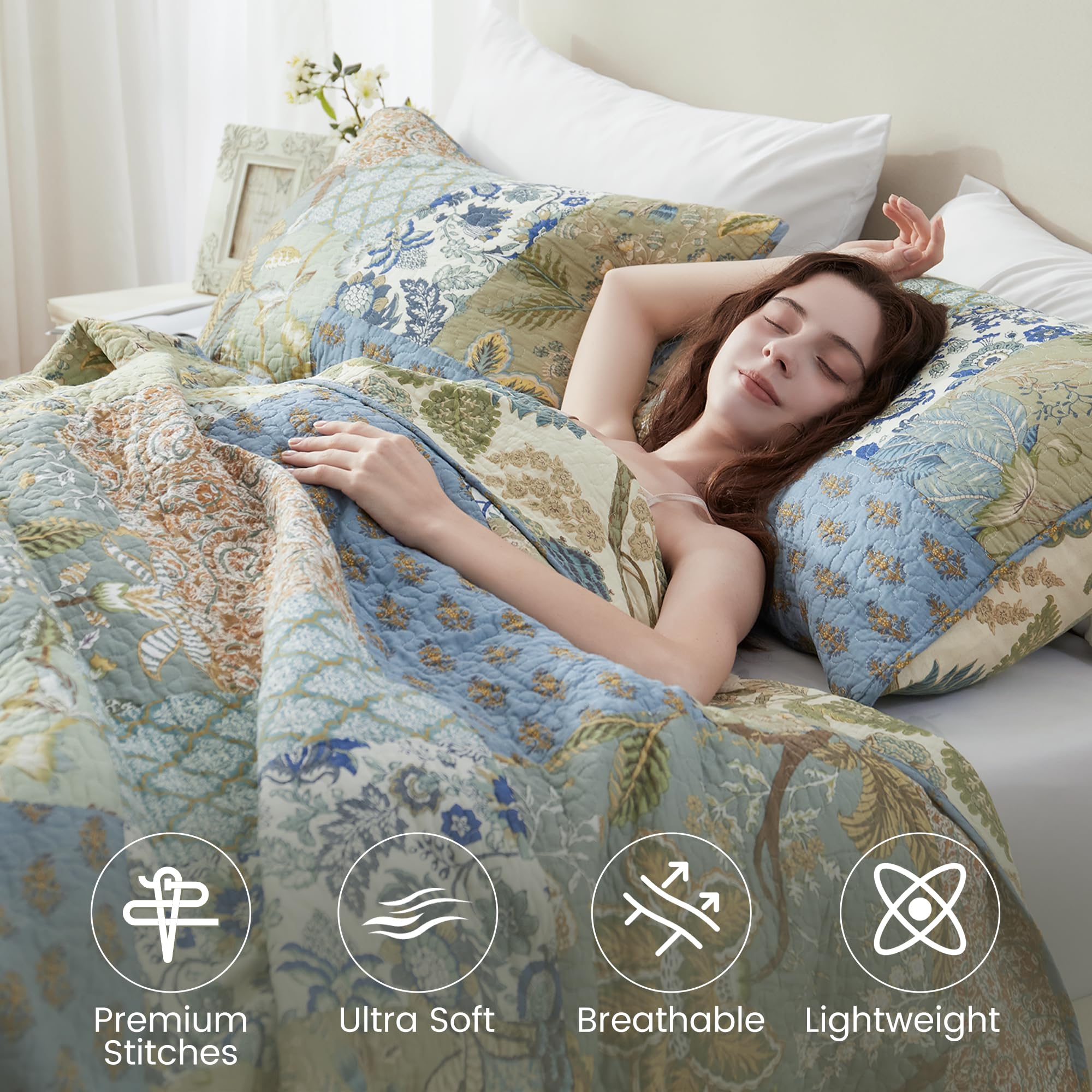 NEWLAKE 100% Cotton Bohemian Patchwork Quilt Set California King Size - Reversible Lightweight Bedspread, Breathable All Seasons Quilted Cover with 2 Pillowcases - Perfect for Master Bedroom, Guest Room & Bohemian Home Decor