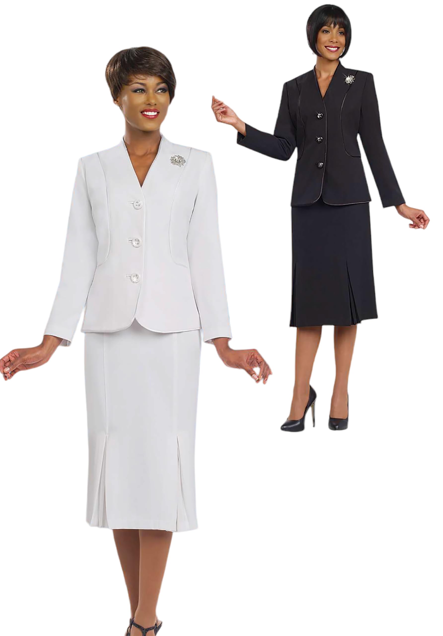 Ben Marc Women's Two-Piece Skirt Suit Set - V-Neck Pleated Skirt Outfit with Removable Brooch | Professional Usher Suit BM78098 | Perfect for Weddings, Business Meetings & Formal Events