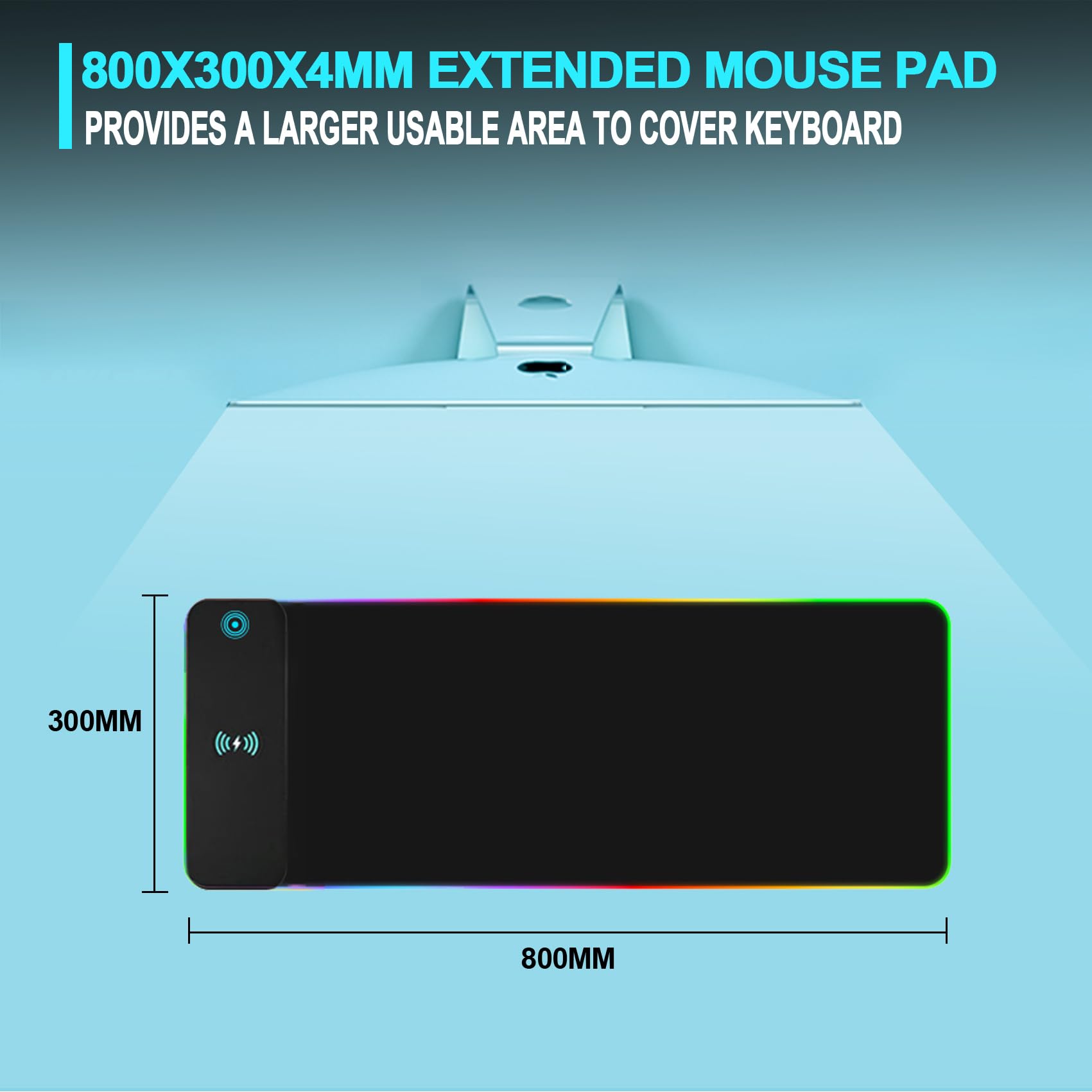 RGB Gaming Mouse Pad with Wireless Charging - 800x300x4mm LED Mouse Pad, 10 Light Modes, Non-Slip Rubber Base, Extra Large Desk Mat for PC, MacBook, Laptop - Perfect for Gaming Setups & Office Workspaces