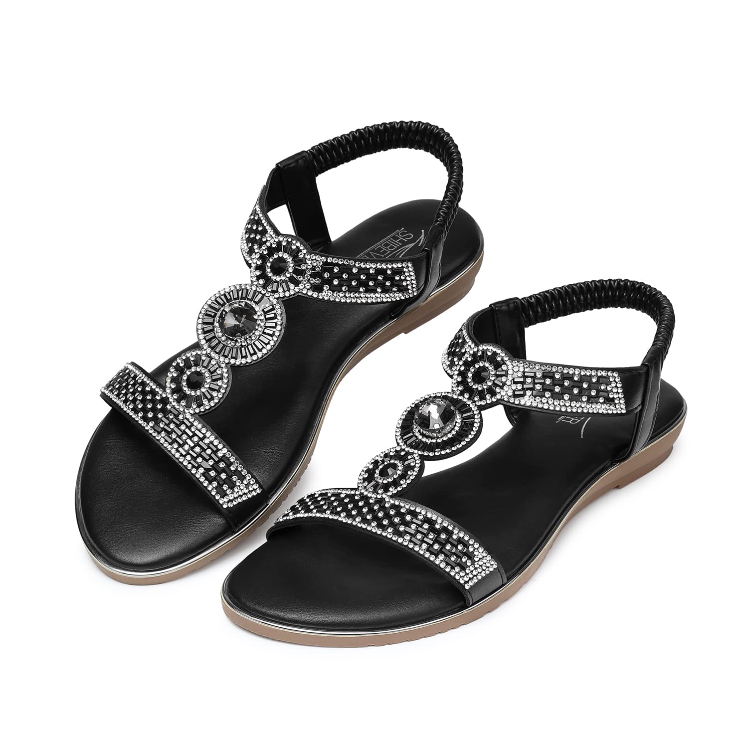 SHIBEVER Women's Rhinestone Bling Dressy Sandals - Comfortable Summer Flat Sandals with Ankle Strap for Casual Wear, Beach, Wedding & Party Occasions