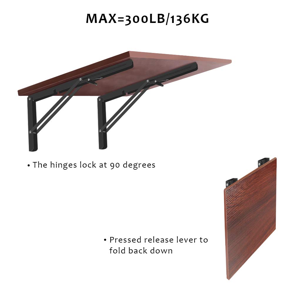 Heavy Duty Folding Shelf Brackets 2 Pack - 400lb Capacity for Wall Mounted Tables & Benches - Space Saving Black Brackets (16