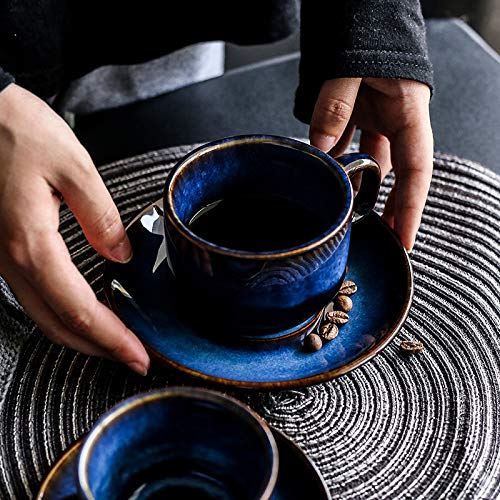 Premium Deep Blue Ceramic Coffee Cup and Saucer Set - 4-Piece Elegant Tea Cup Set for Espresso, Latte & Cappuccino - Perfect for Home, Office & Cafe Use