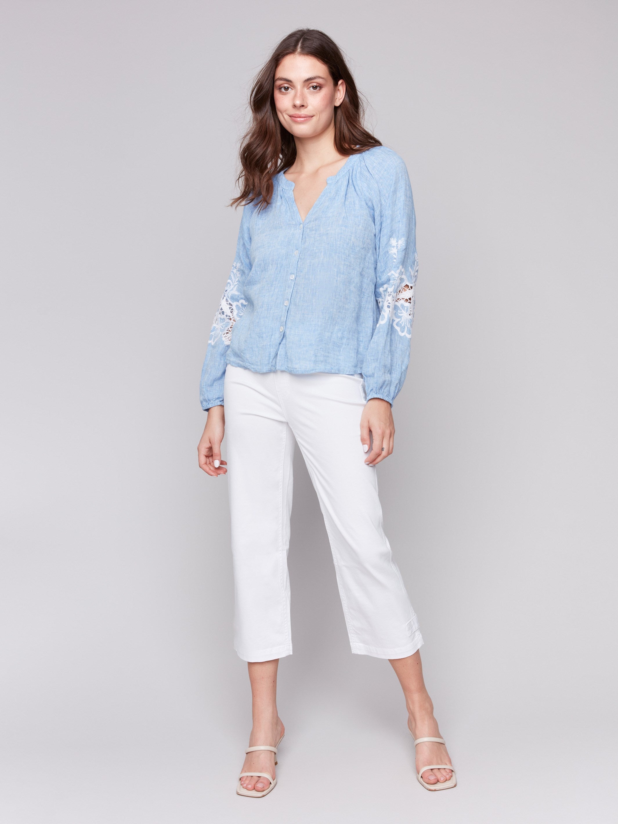 Stylish Cotton Linen Button Front Blouse with Elegant Embroidery - Chambray Shirt for Women | Perfect for Office Wear, Casual Outings & Summer Fashion