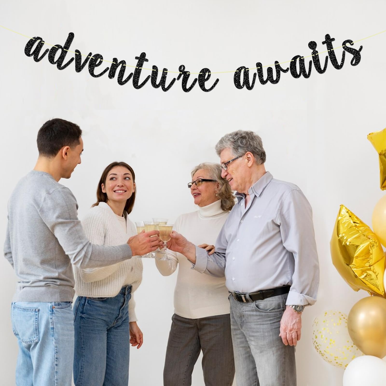 Black Glitter Adventure Awaits Banner - Perfect for Graduation, Retirement, Bon Voyage, Baby Shower & Birthday Party Decorations | Travel Theme Celebration Backdrop | Ideal for Home, Office & Event Decor