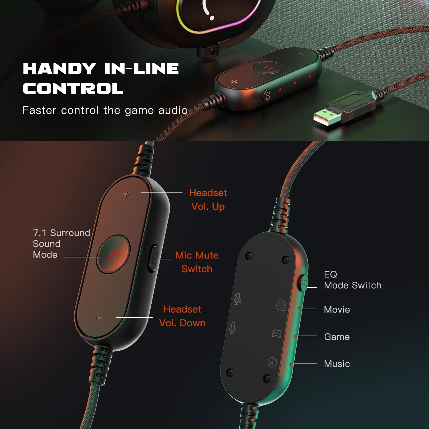 FIFINE AmpliGame H6 Gaming Headset - Wired USB Headphones with Noise-Canceling Microphone, 7.1 Surround Sound for PC, PS4, PS5 | EQ Mode, RGB Lighting, Memory Foam Ear Pads | Perfect for Streaming, Gaming & Online Meetings