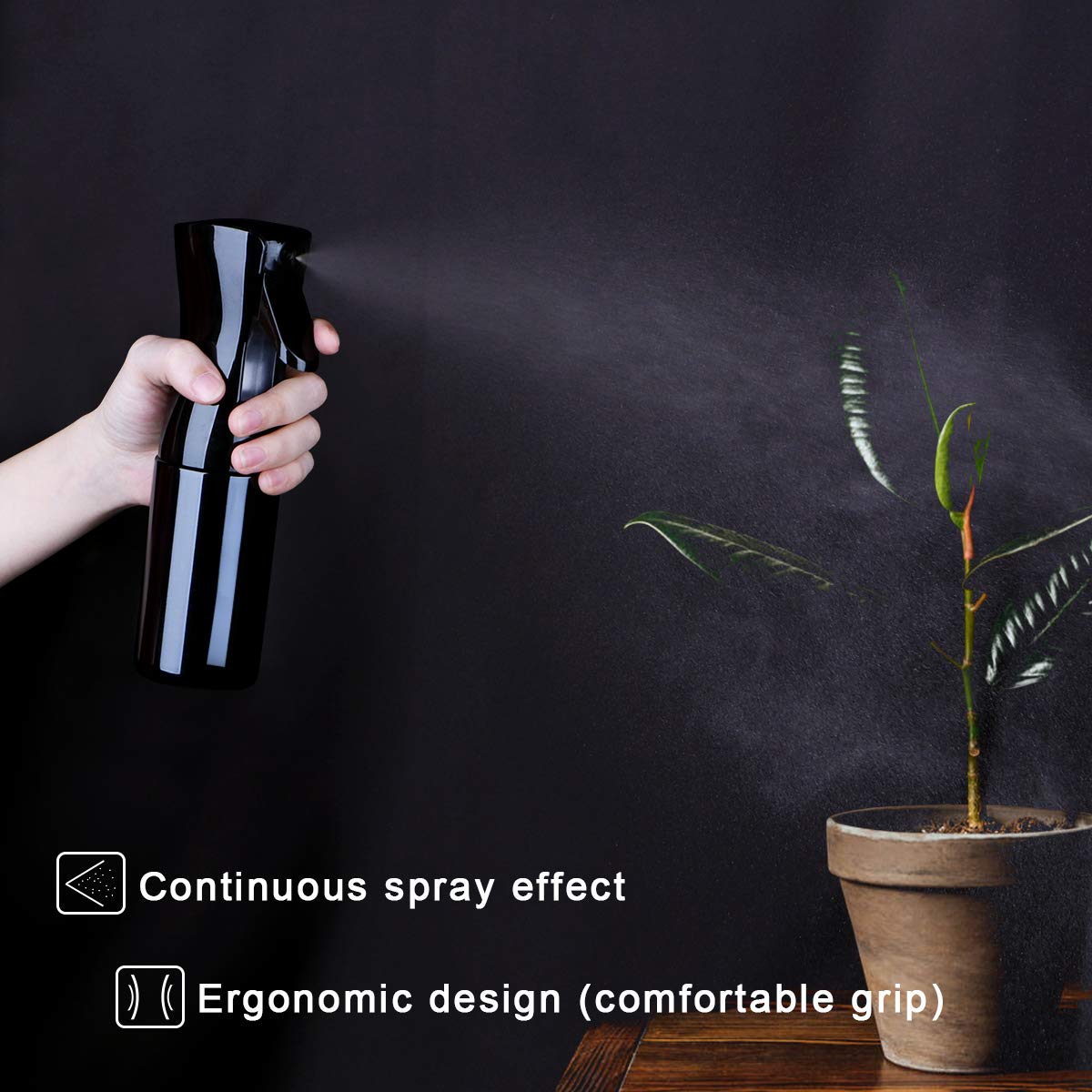 Uceoo 6.8oz (200ml) Black Fine Continuous Mist Spray Bottle - Hair Mister for Curly Hair & Hairstyling, Plant Watering Sprayer for Indoor Plants - Perfect for Salon Styling, Frizz Control & Garden Care