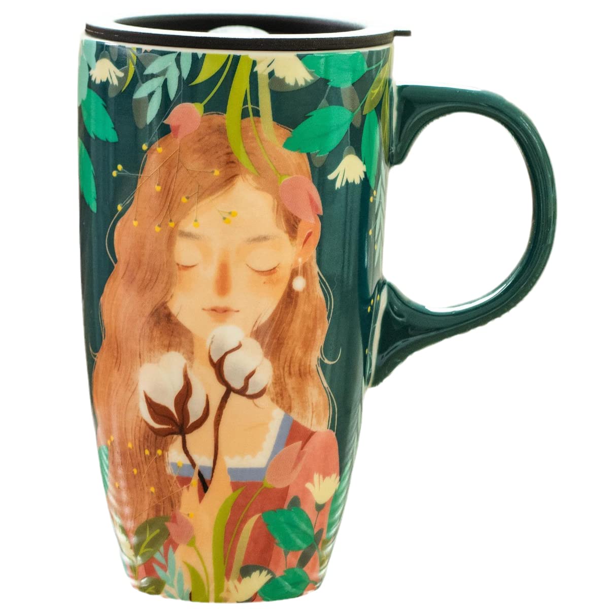 Forest Girl Ceramic Coffee Mug with Lid - Cute Cartoon Painting Design for Tea, Milk & Hot Drinks - Perfect Birthday Gift for Home & Office Use (Green)