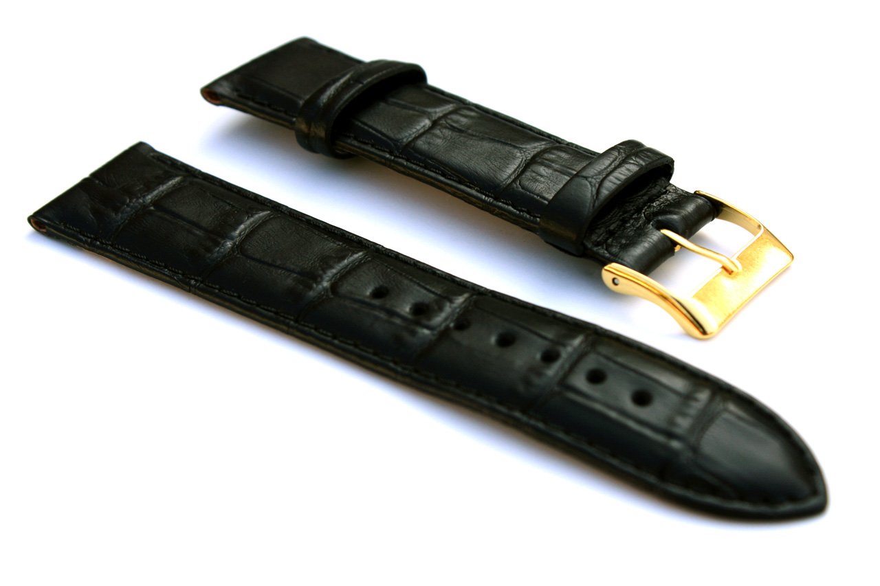 Genuine Black Leather Crocodile Embossed Watch Band - 22mm Long Cut with GP Clasp | Perfect for Rolex, Omega & Luxury Watches (Business, Formal & Casual Wear)