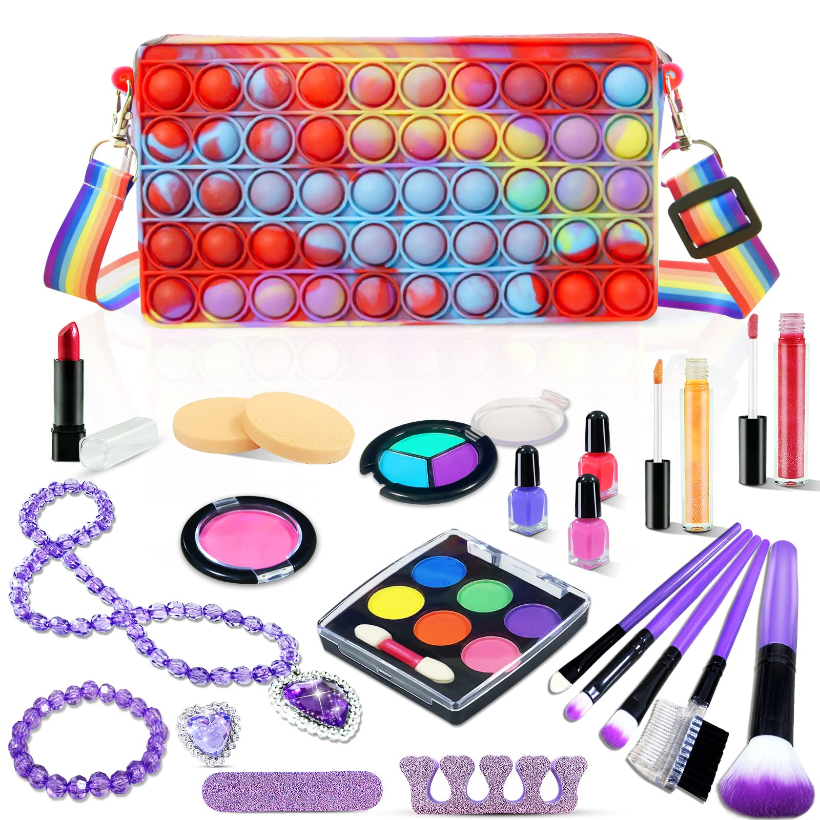 Qtioucp 32Pcs Washable Kids Makeup Kit with Shoulder Bag - Safe Non-Toxic Cosmetic Toy Set for Girls Ages 3-12 - Perfect for Birthday Gifts, Pretend Play, Dress Up & Role Playing Games