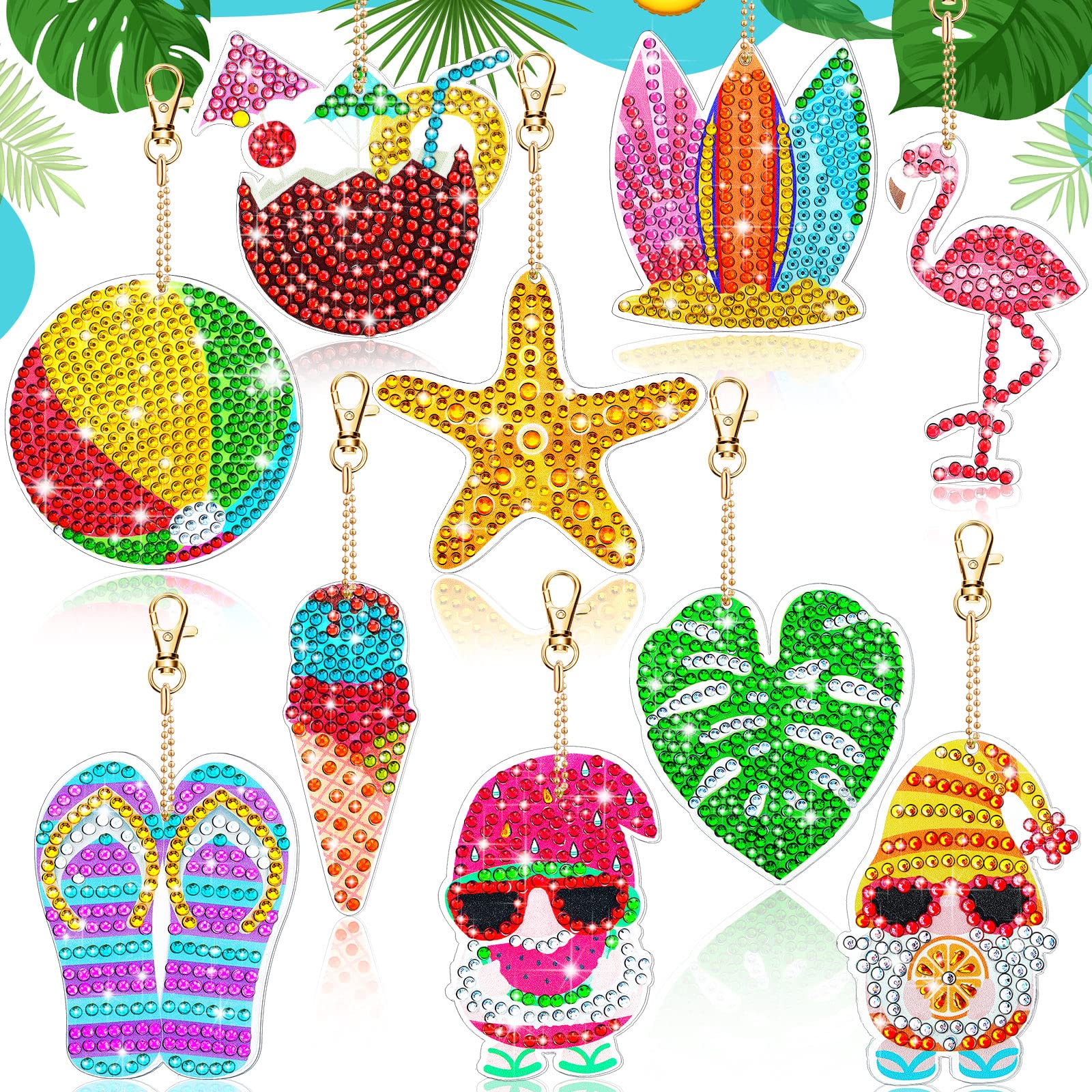 10 Pcs Summer Diamond Painting Keychains Kit - DIY 5D Beach Gnome & Flamingo Keychain for Adults, Kids, Men & Women - Farmhouse Watermelon Art for Home Decor, Gifts & Craft Projects
