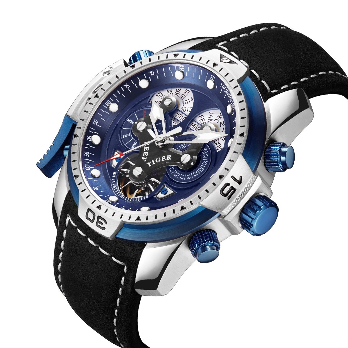 REEF TIGER Men's Military Automatic Watch - Stainless Steel Case, Blue Dial, Waterproof Sport Watch (Model RGA3503) | Perfect for Outdoor Adventures, Hiking & Military Enthusiasts