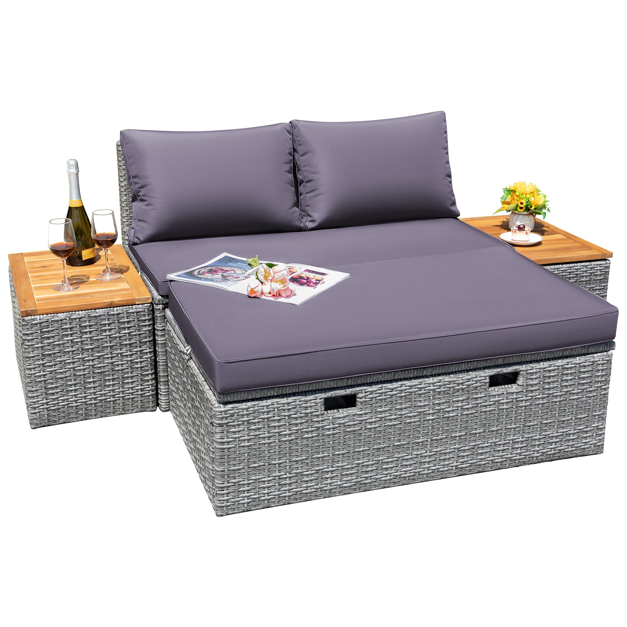 Greesum 7-Piece Outdoor Patio Furniture Set, Multifunctional Wicker Sectional Sofa with Cushions, Chaise Lounge, Storage Ottoman & 2 Side Tables - Perfect for Backyard, Porch, Poolside, Garden & Lawn (Gray)