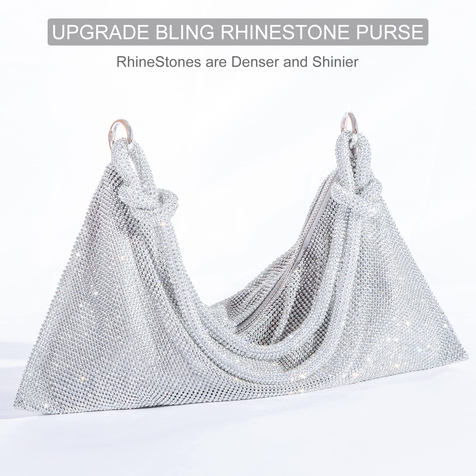Sparkly Rhinestone Evening Bag for Women - Silver Glitter Prom Clutch, Hobo Handbag for Parties, Weddings & Special Occasions