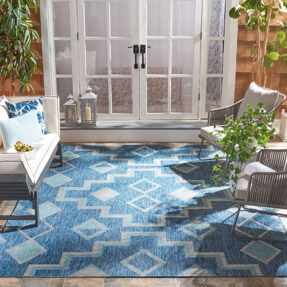 SAFAVIEH Courtyard Collection 8' x 10' Navy Blue Aqua Indoor Outdoor Rug - Waterproof, Easy Clean, Stain Resistant for Patio, Backyard, Mudroom, Deck & Poolside Use