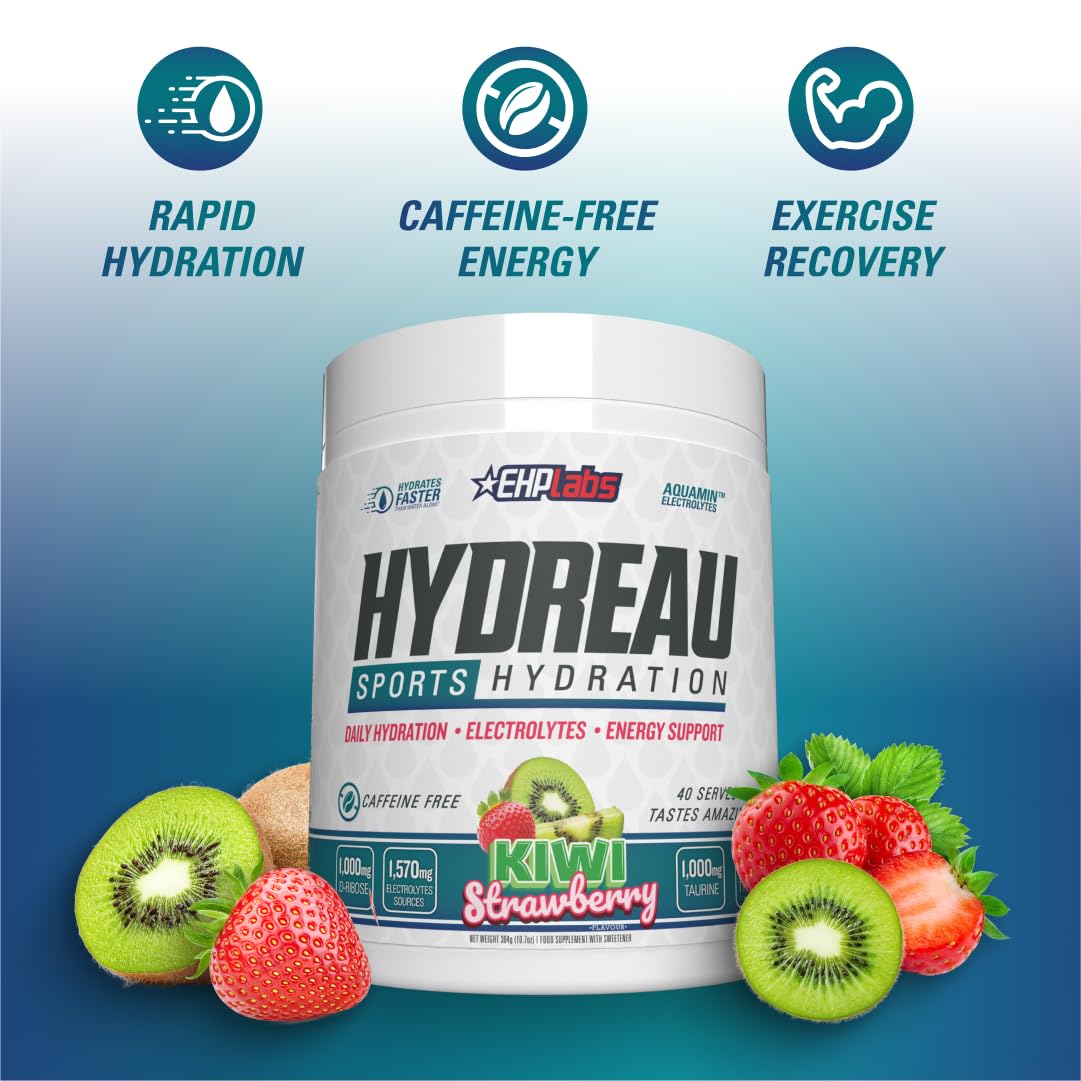 EHP Labs Hydreau Hydration Support Powder - 40 Servings | Electrolyte & Vitamin Supplement for Hydration & Recovery | Perfect for Workouts, Travel & Daily Hydration Needs