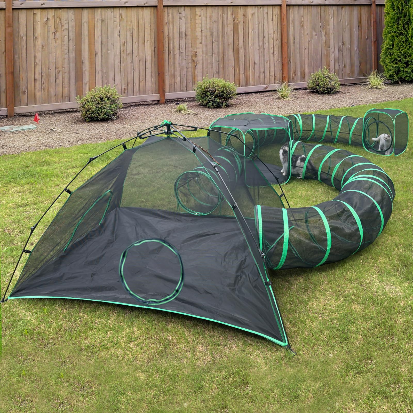 6-in-1 Outdoor Cat Tent & Playpen - Portable Cat Enclosure with 3 Tents & 3 Tunnels for Indoor Cats - Perfect for Backyard, Camping & Travel Adventures