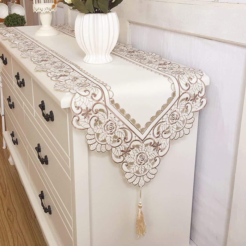 Arzoe Embroidered Lace Table Runner - Elegant Vintage Brown Mantel Scarf, 16×59 Inch, Perfect for Dresser, Cabinet, Dining Room Table Decoration, Wedding, Party, and Home Decor