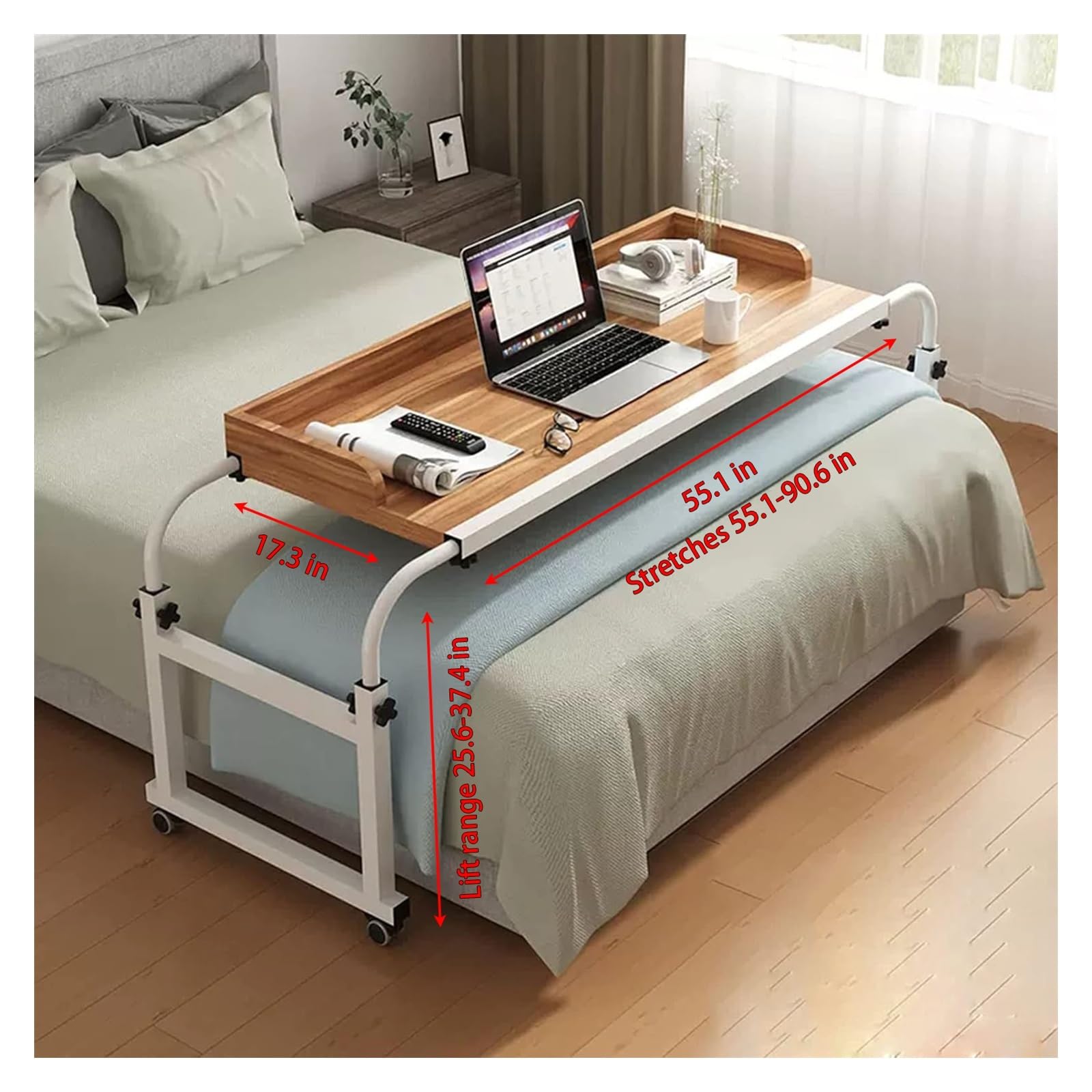 Adjustable Overbed Table with Wheels - Extendable Rolling Bedside Table, Height & Length Adjustable Laptop Desk for Home Office, Hospital & Bedroom Use - Mobile Computer Workstation (Brown, 55.1 Inch) - Perfect for Working, Eating & Reading in Bed