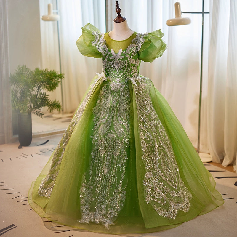Elegant Green Sequins Fluffy Ball Gown for Baby Girl Toddler Pageant Dress - Perfect for Beauty Contests, Photoshoots & Special Occasions